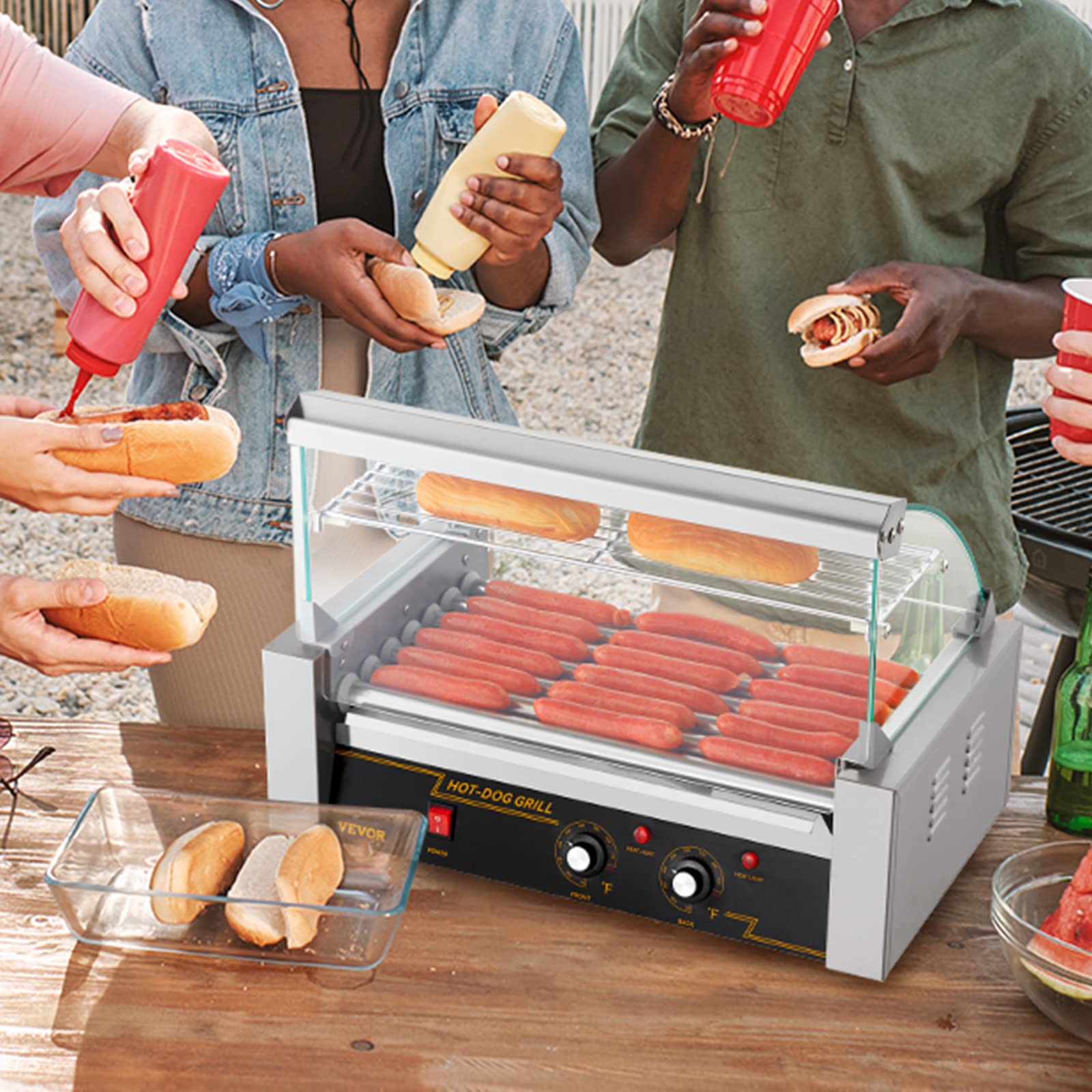 VEVOR Hot Dog Roller 7 Rollers 18 Hot Dogs Capacity 1050W Stainless Sausage Grill Cooker Machine with Dual Temp Control Glass Hood Acrylic Cover Bun Warmer Shelf Removable Oil Drip Tray, ETL Certified VEVOR
