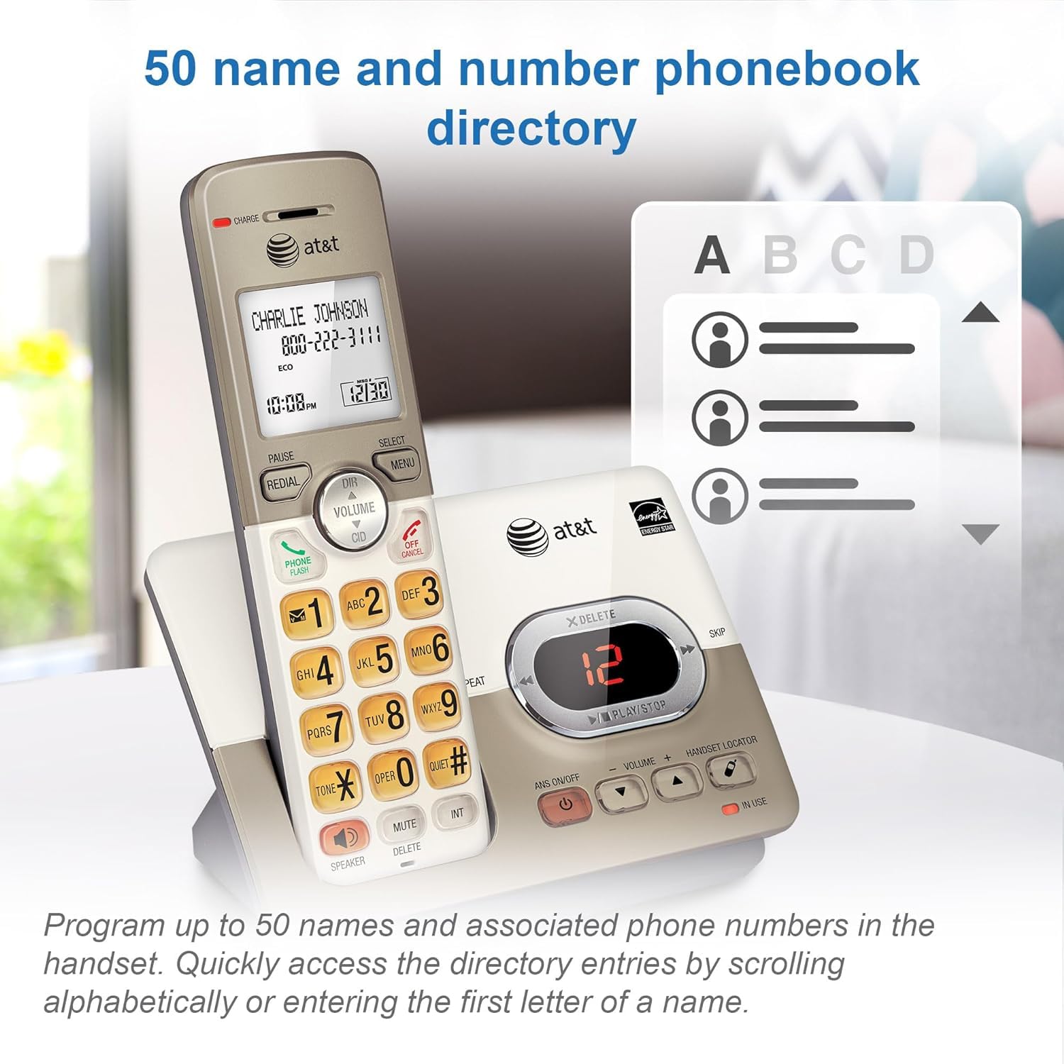 AT&T EL52313 3-Handset Cordless Phone with Answering System & Extra-large Backlit Keys, Light champagne, 3 Handsets AT&T