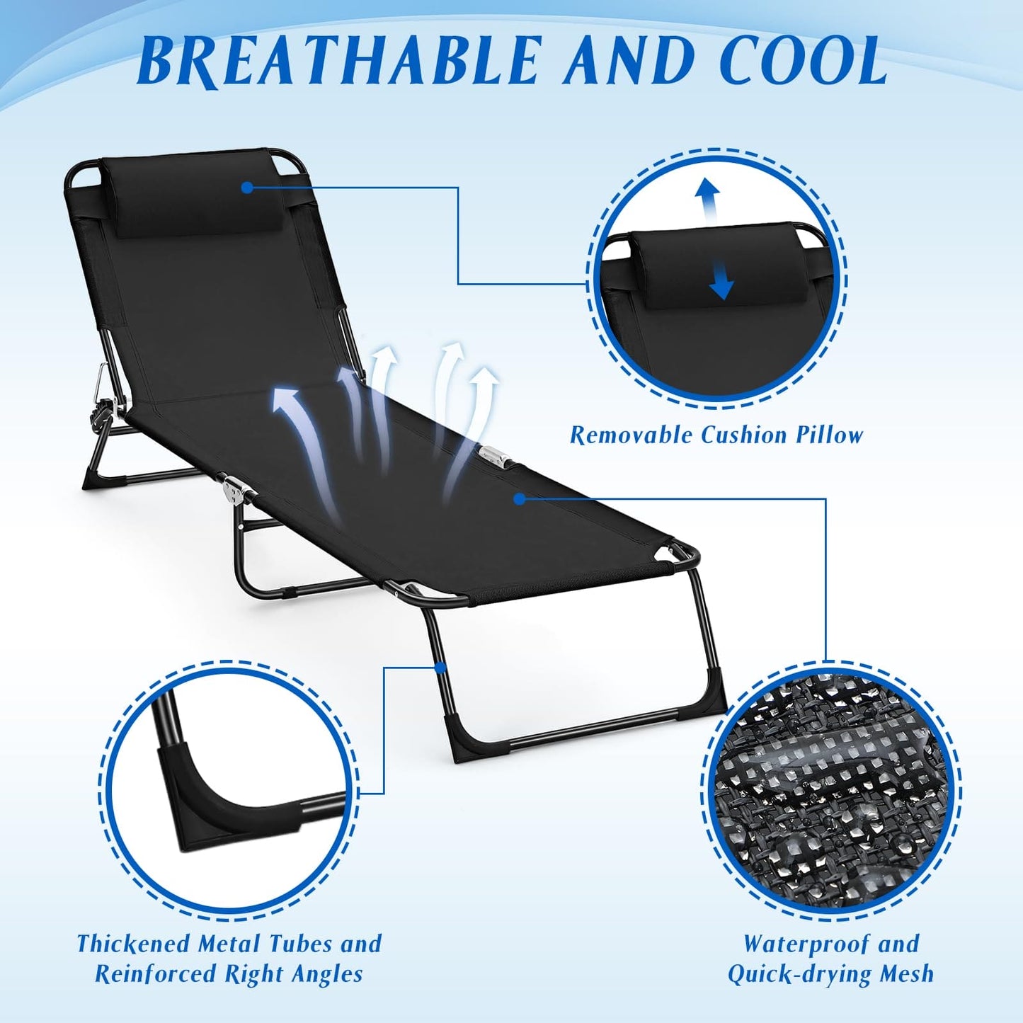 Suzile 2 Pack Folding Chaise Lounge Chairs Outdoor Sun Tanning Chair for Outside Foldable Beach Chair with Pillow 5 Position Reclining Back Breathable Mesh Pool Chair for Beach Yard Lawn Patio(Black) ebuys