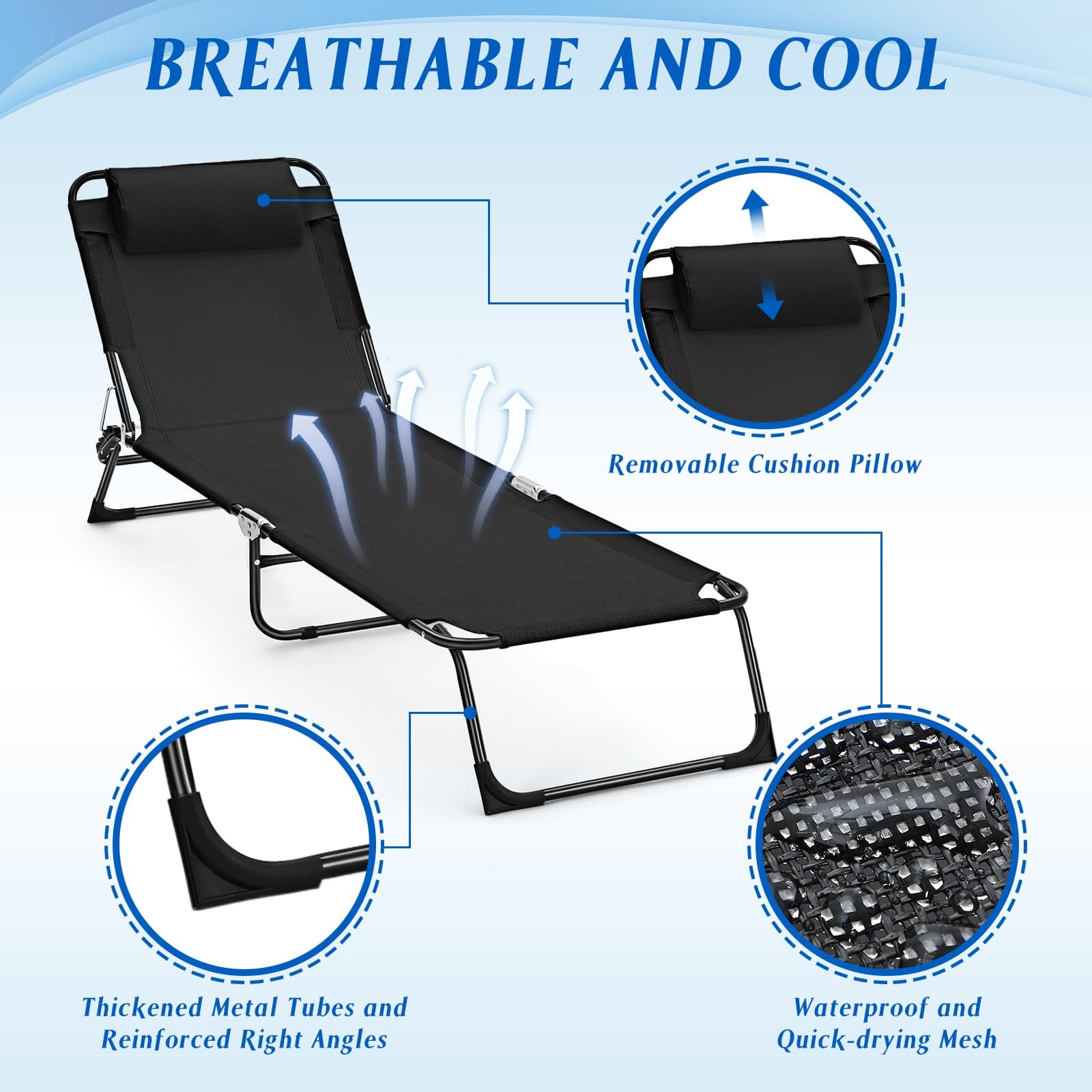 Suzile 2 Pack Folding Chaise Lounge Chairs Outdoor Sun Tanning Chair for Outside Foldable Beach Chair with Pillow 5 Position Reclining Back Breathable Mesh Pool Chair for Beach Yard Lawn Patio(Black) ebuys
