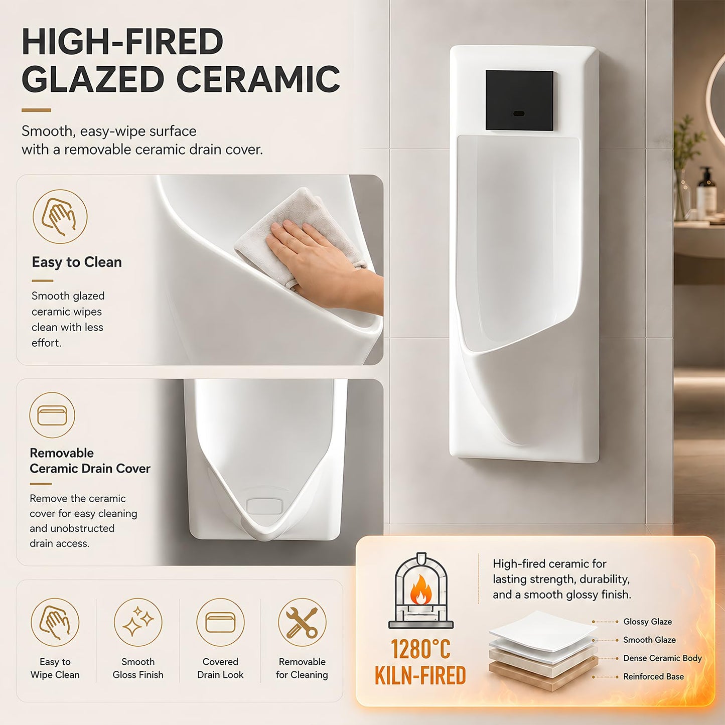 Heliosrider Automatic Sensor Urinal for Men, Wall-Mounted, White Heliosrider