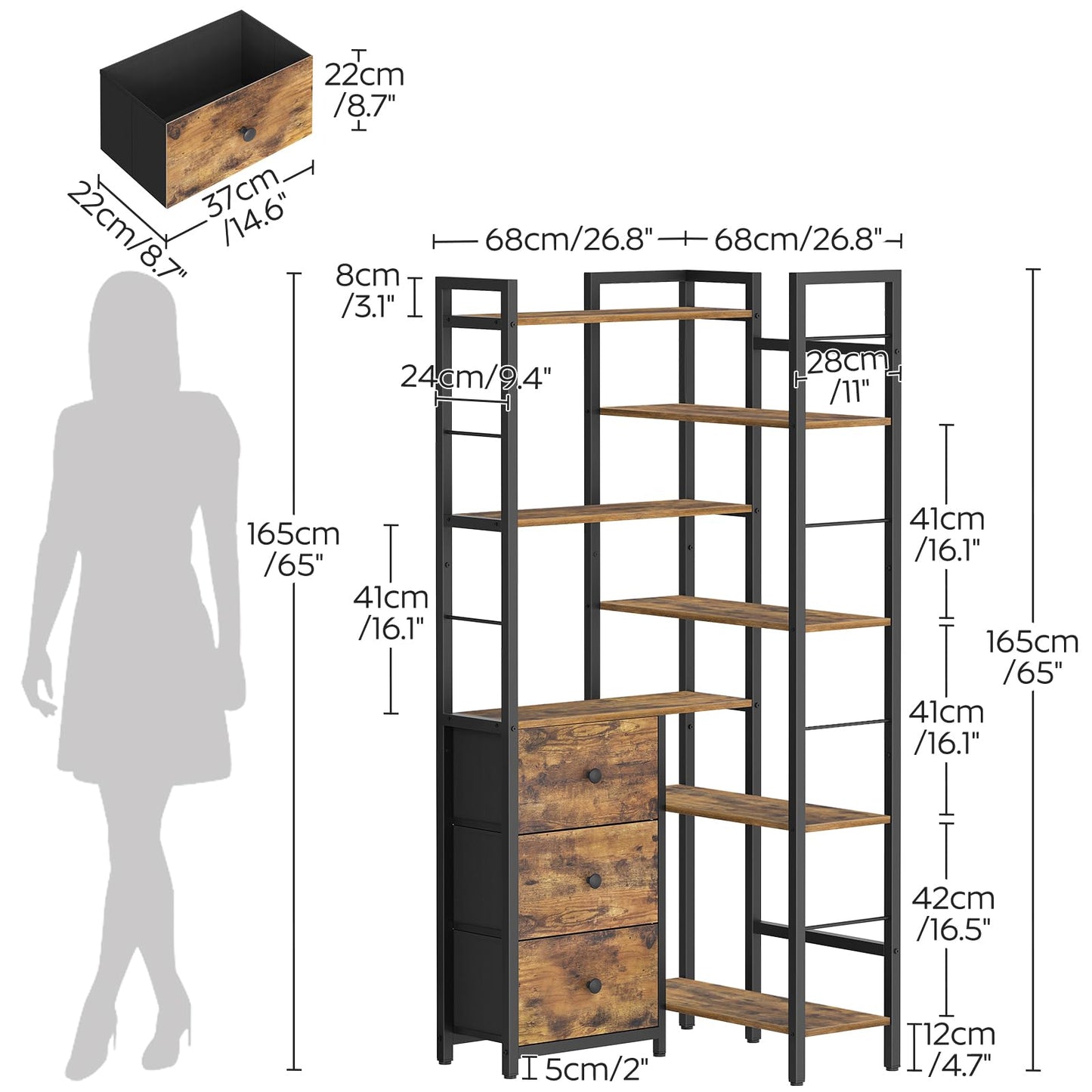 YATINEY Corner Bookshelf, 7 Tier L-Shaped Bookcase with 3 Drawers, Storage Corner Shelf, Freestanding Tall Display Shelf, Industrial Style, for Living Room, Home Office, Rustic Brown and Black SJ10BR YATINEY