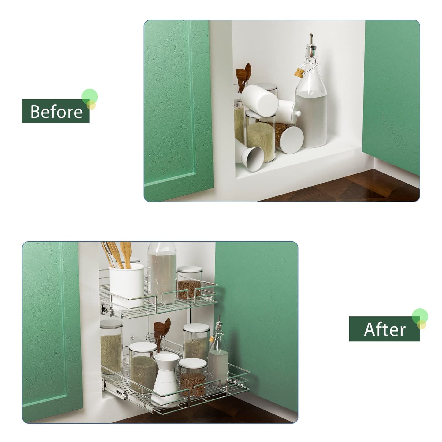 LOVMOR 2 Tier Individual Pull Out Cabinet Organizer 11"W x 21"D, Slide Out Kitchen Cabinet Storage Sliding Shelves LOVMOR
