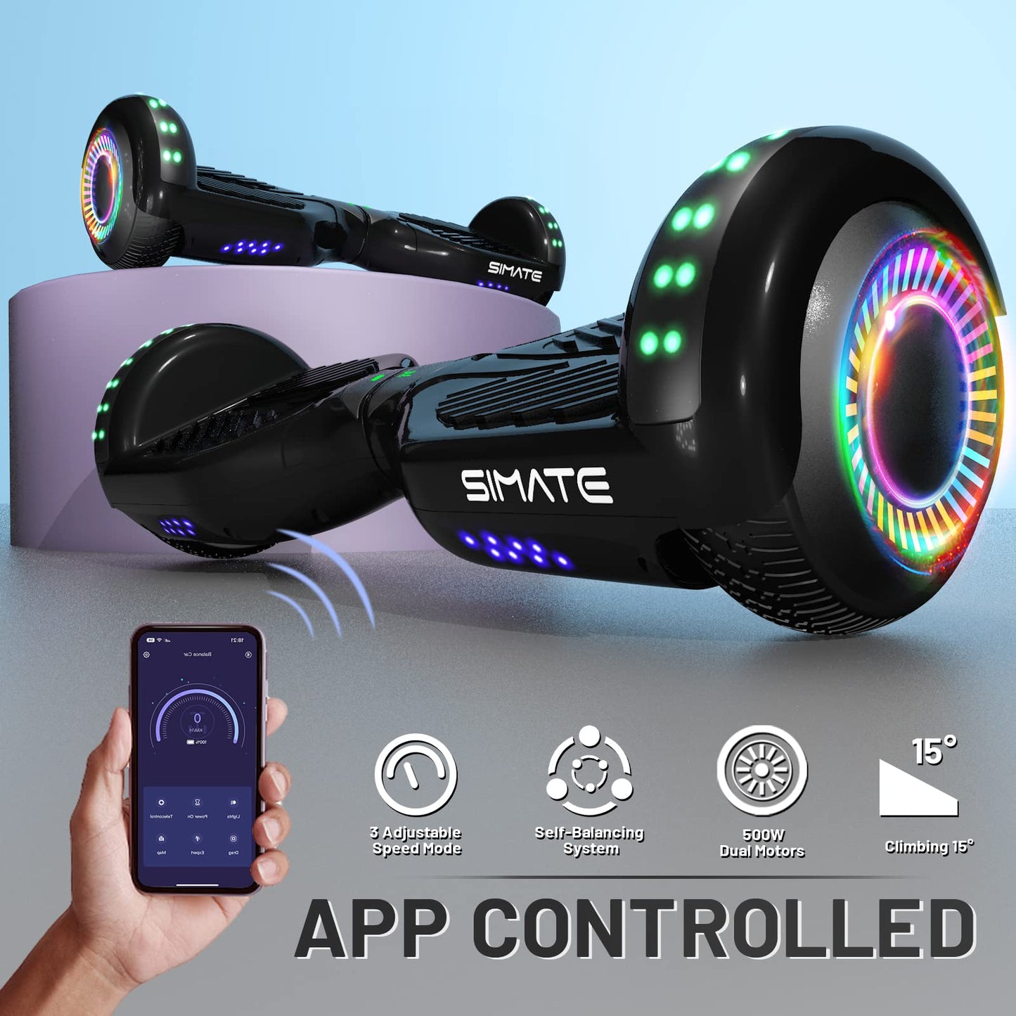SIMATE Hoverboard, Bluetooth All Terrain Hover Boards with LED Lights and APP Control, Gifts for Kids Adults Girls Boys, for All Ages SIMATE