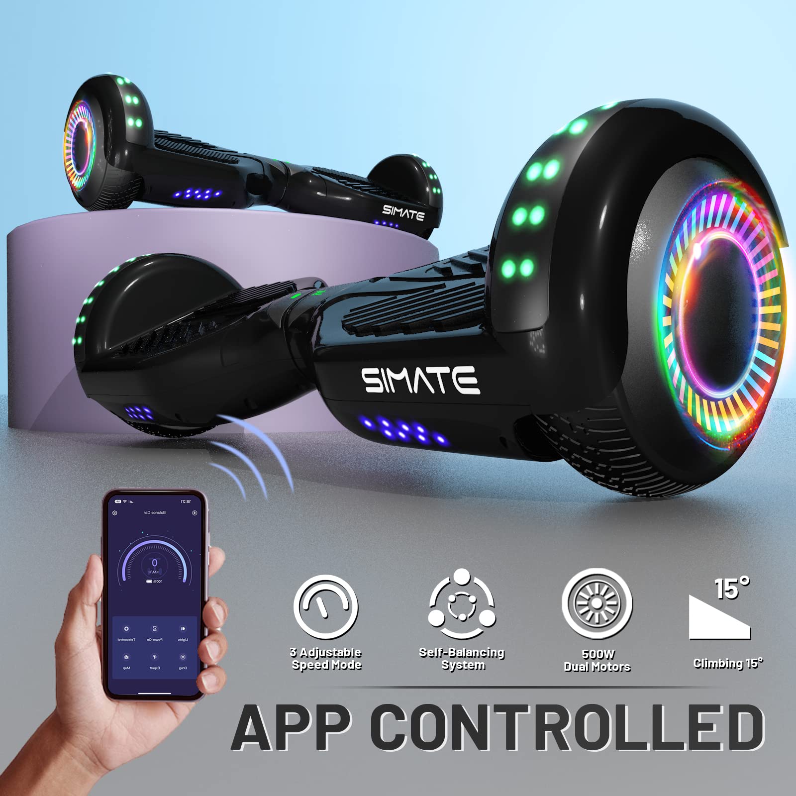 SIMATE Hoverboard, Bluetooth All Terrain Hover Boards with LED Lights and APP Control, Gifts for Kids Adults Girls Boys, for All Ages SIMATE