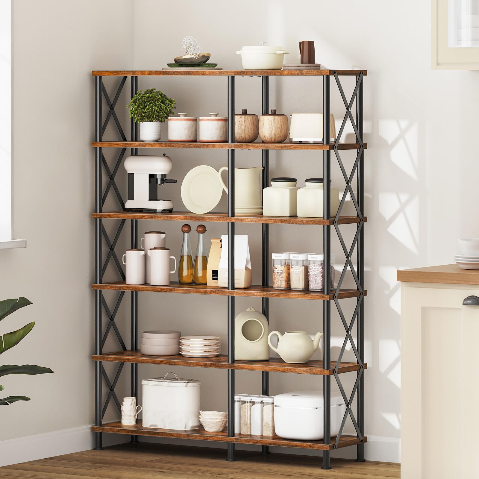 HOOBRO Corner Bookshelf, 6-Tier L-Shaped Bookcase, Industrial Open Display Shelf Tall Storage Organizer, Vertical Storage Rack, for Living Room, Home Office, Rustic Brown and Black BF61SJ01 HOOBRO