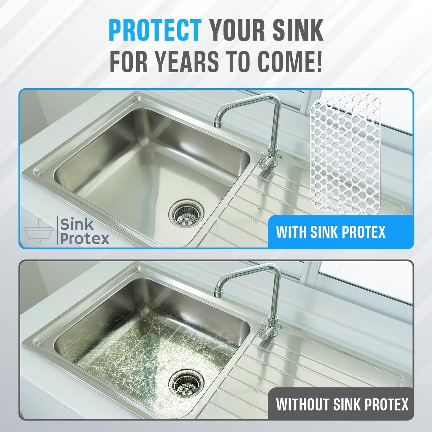 2 Pack Sink Protectors for Kitchen Sink, 13.4"x11.4" Non-Slip Silicone Sink Mats Protect Your Stainless Steel Bottom of Kitchen Sink or Drying Rack, Eco-Friendly & Stain-Free Kitchen Sink Mat - White Sink Protex