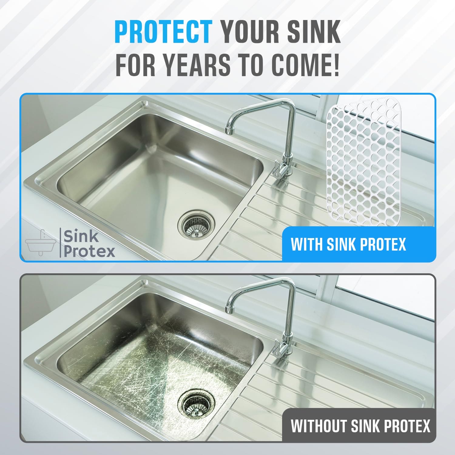 2 Pack Sink Protectors for Kitchen Sink, 13.4"x11.4" Non-Slip Silicone Sink Mats Protect Your Stainless Steel Bottom of Kitchen Sink or Drying Rack, Eco-Friendly & Stain-Free Kitchen Sink Mat - White Sink Protex