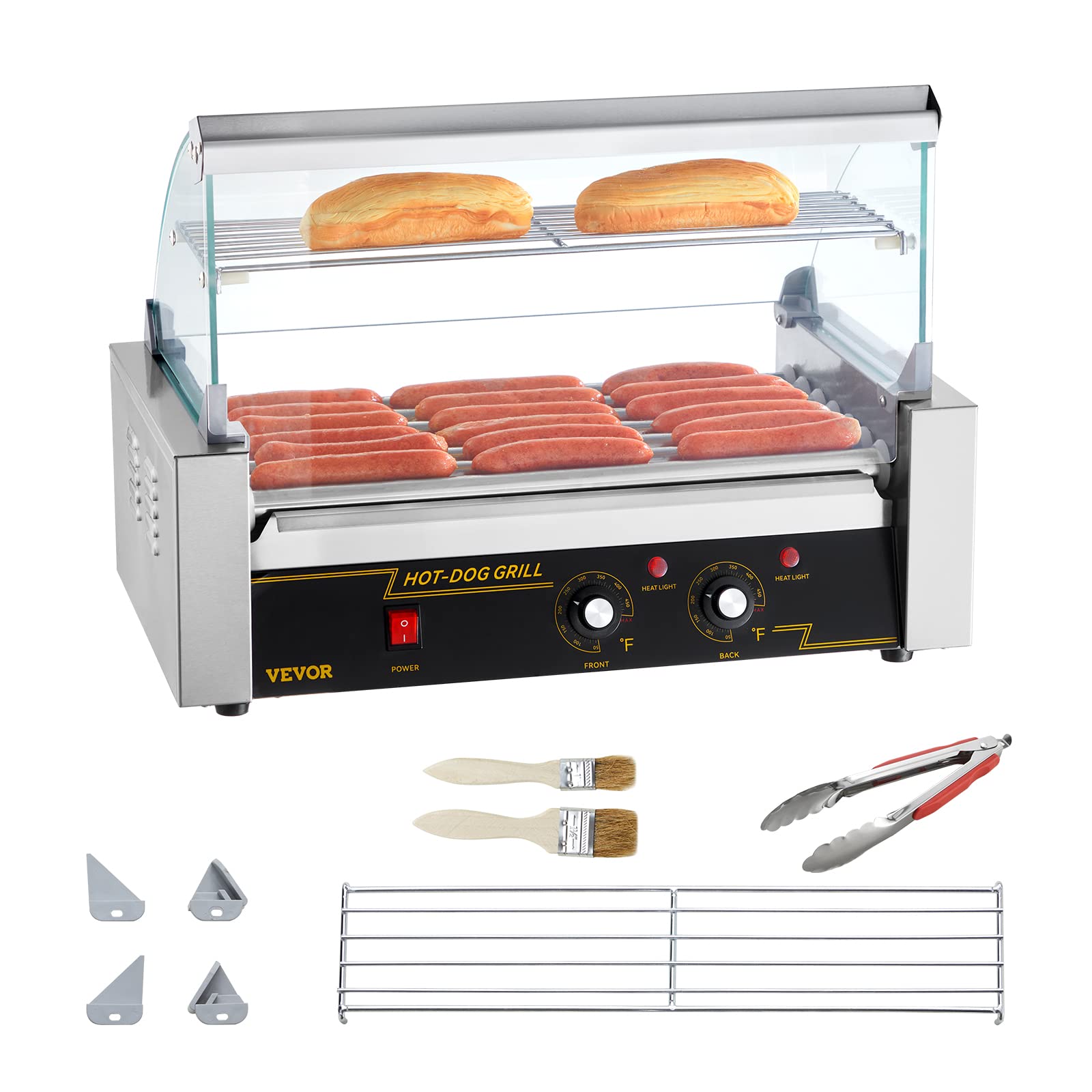 VEVOR Hot Dog Roller 7 Rollers 18 Hot Dogs Capacity 1050W Stainless Sausage Grill Cooker Machine with Dual Temp Control Glass Hood Acrylic Cover Bun Warmer Shelf Removable Oil Drip Tray, ETL Certified VEVOR