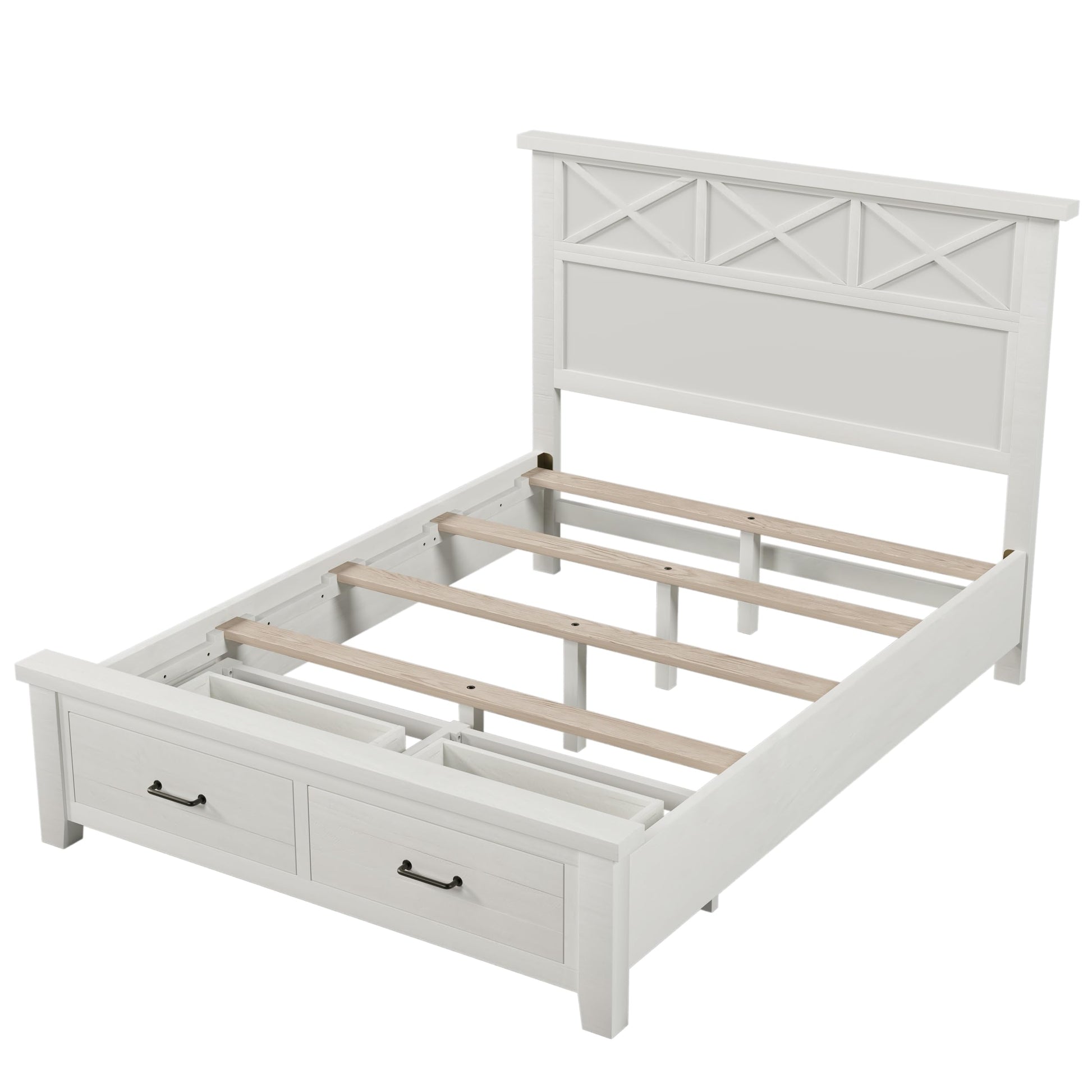 Rustic Farmhouse Style Queen Platform Storage Bed with Two Drawers,White ebuystt