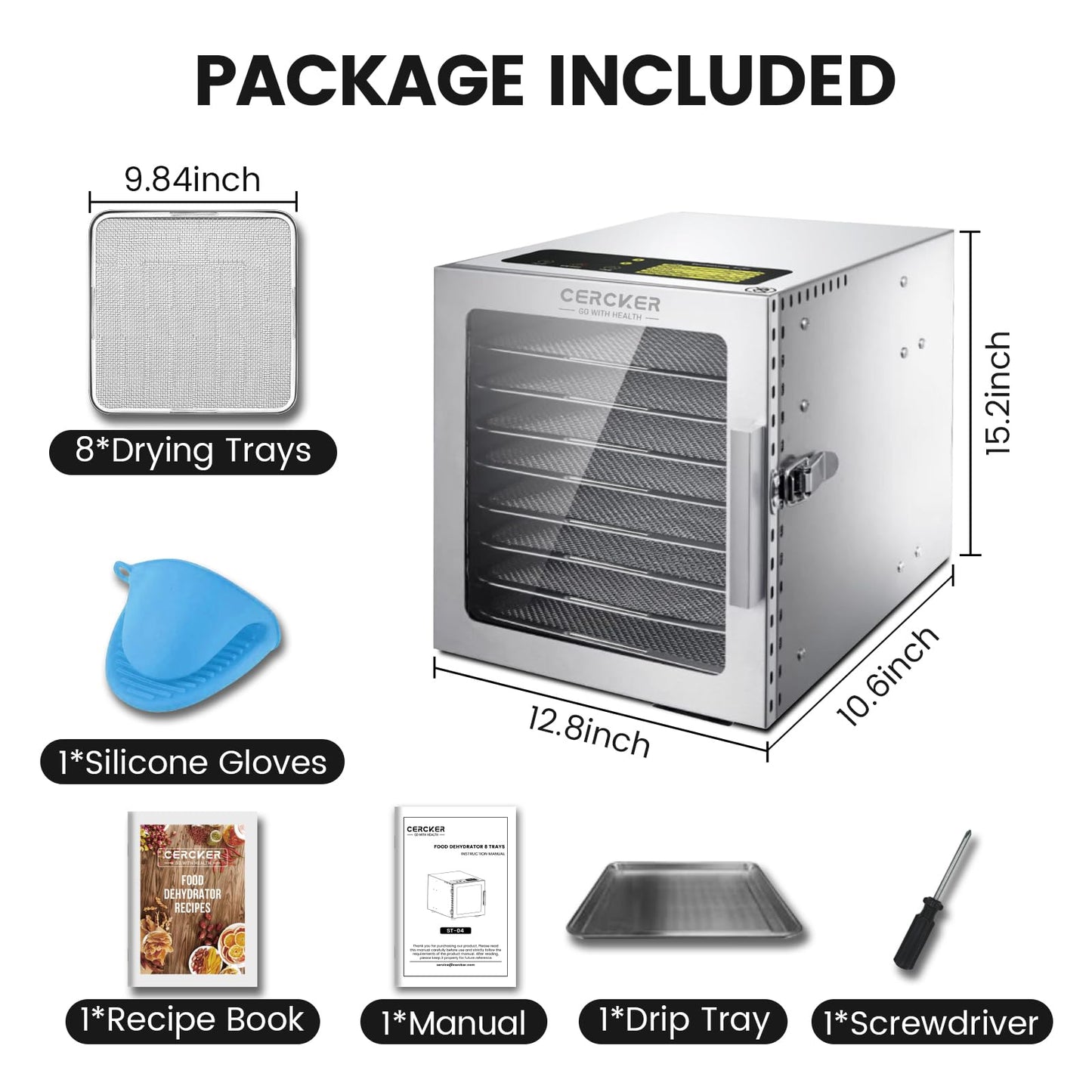 Cercker Food-Dehydrator Machine 8 Stainless Steel Trays, 500W Jerky Dehydrator for Meat, 190ºF Mushroom Dryer, 24H Timer Fruits Dryer for Herbs, Veggies, Yogurt & Dog Treats Cercker