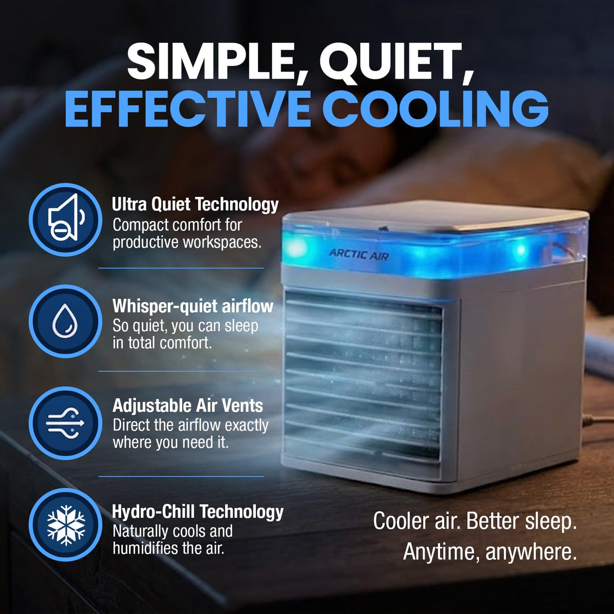 Arctic Air Pure Chill 2.0 Evaporative Air Cooler by Ontel - Powerful, Quiet, Lightweight and Portable Space Cooler with Hydro-Chill Technology For Bedroom, Office, Living Room & More,Blue Arctic Air