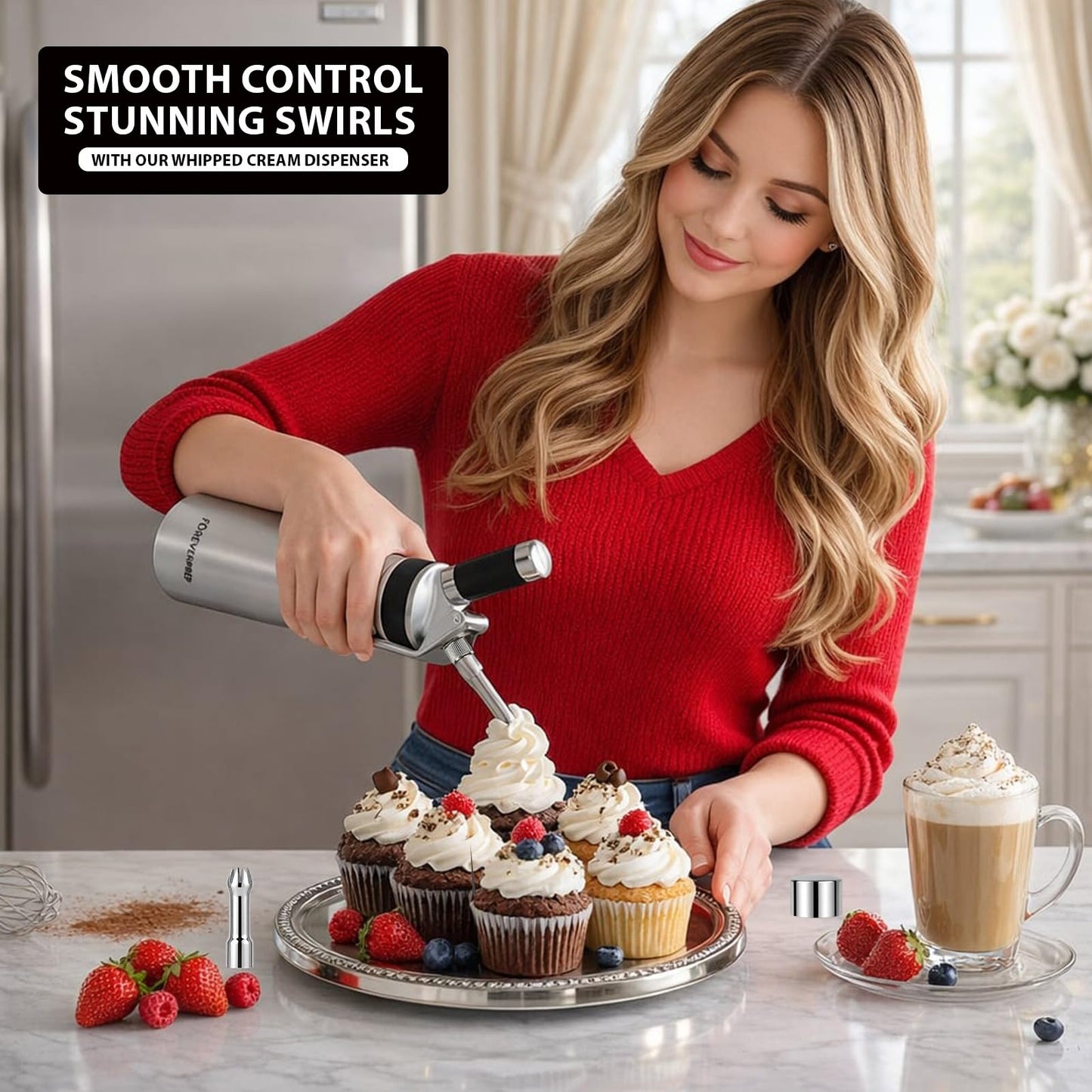 Professional 500 ml Aluminum Whipped Cream Dispenser With 8 Decorating Nozzles -Whipped Cream Canister With 2 Cleaning brushes-Heavy Duty Homemade Whipped Cream Maker 1 Pint (N20 Charger Not Included) FOREVERPREP
