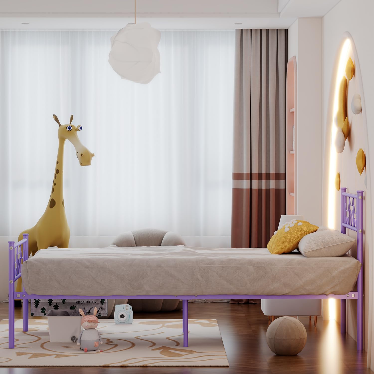 Twin Bed Frames - Twin Size Beds Princess Metal Platform Bed Frame Mattress Foundation Support for Kids Girls with Headboard, Footboard, Bedside Storage Caddy, Purple GIME