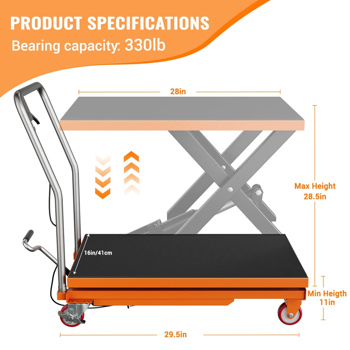 GarveeTech Hydraulic Lift Table Cart, 330lbs Capacity 28.5" Lifting Height, Manual Single Scissor Lift Table with Locking Wheels and Non-Slip Pad, Hydraulic Scissor Cart for Material Handling GarveeTech