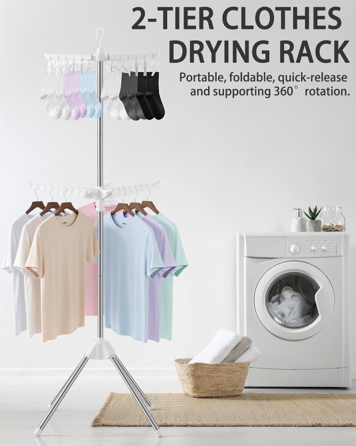 VewePata Foldable Clothes Drying Rack - 2 Tier Laundry Drying Rack, Portable Clothing Rack with Rotating Clothes Rail with 24 Clips and 3 Rotatable Arms, Suitable for Flats and Small Rooms VewePata
