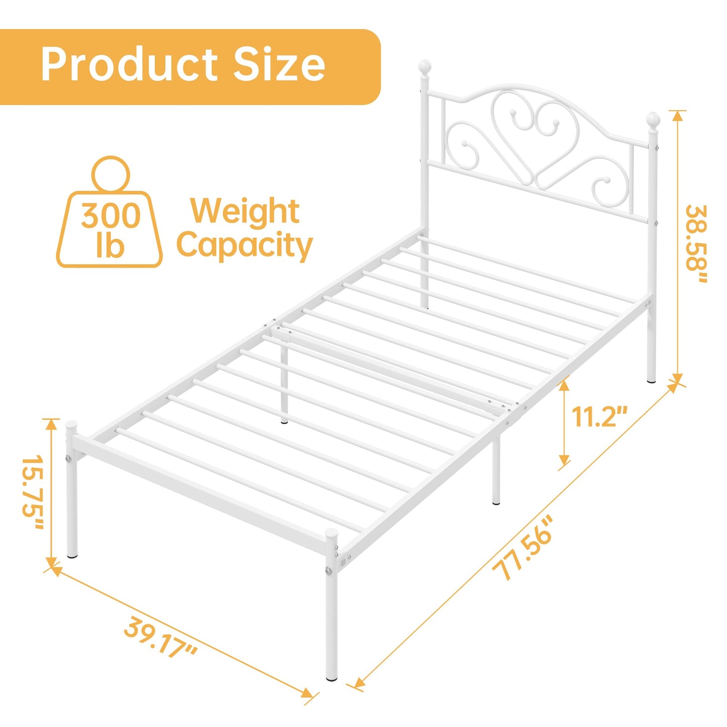 Weehom Twin Bed Frames with Headboard, Heavy Duty Metal Platform Under Bed Storage Space Easy Assembly for Kids Girls Adults White