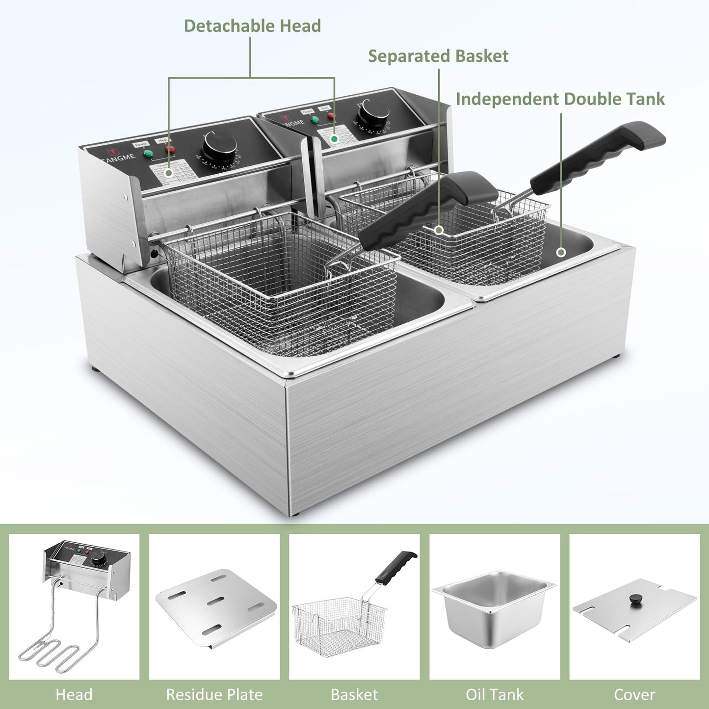 Commercial Deep Fryer, 3400W Electric Deep Fryers with 2x6.35QT Baskets Thickened Stainless Steel Countertop Oil Fryer 20.7QT Large Capacity with Lids Temperature Controller (12L) TANGME