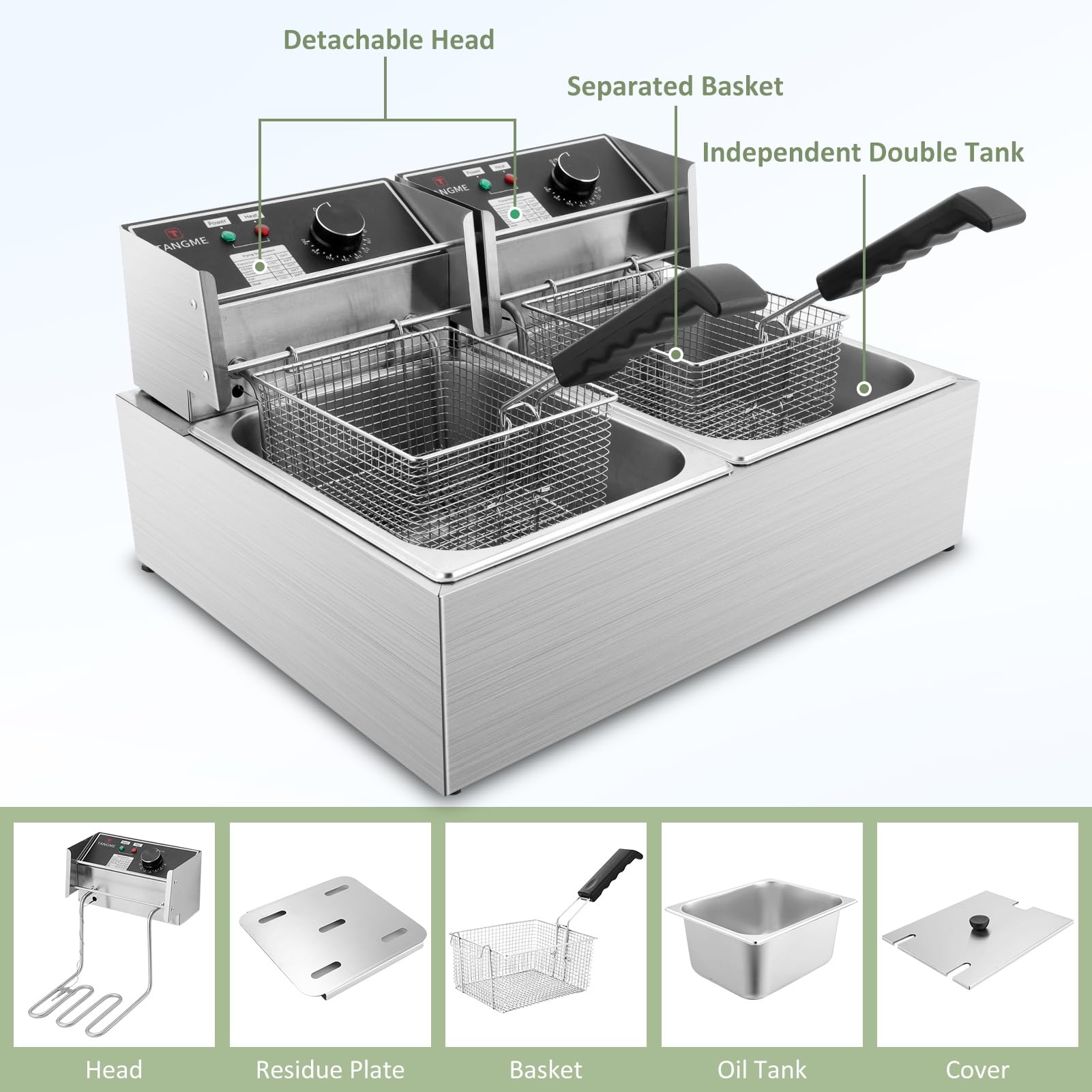 Commercial Deep Fryer, 3400W Electric Deep Fryers with 2x6.35QT Baskets Thickened Stainless Steel Countertop Oil Fryer 20.7QT Large Capacity with Lids Temperature Controller (12L) TANGME