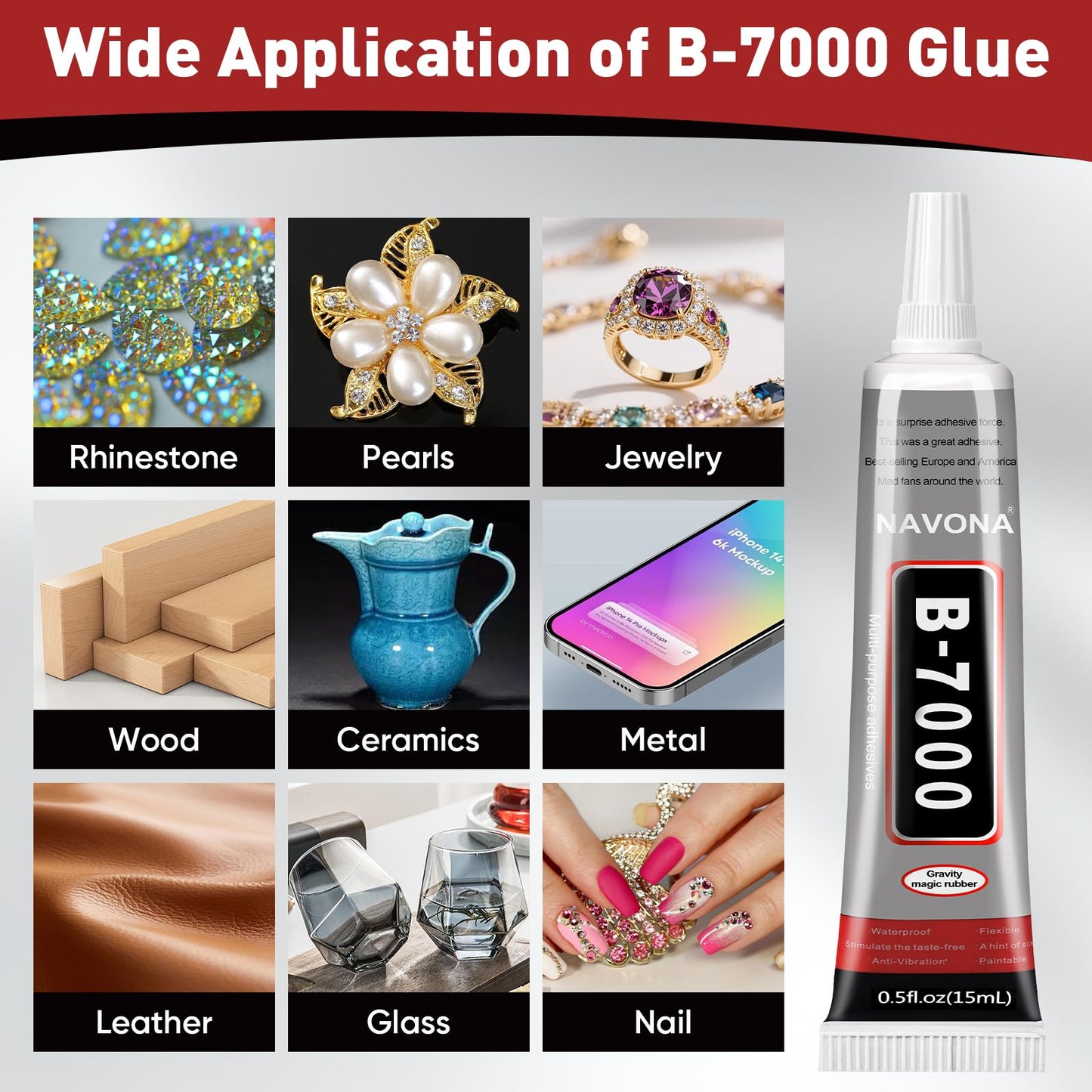 8 PCS 15ml B7000 Glue Clear with Precision Tip, Bedazzling Glue, Super Glues, Rhinestone Glue for Nail, Craft Glues, Jewelry Making, Nail Art, DIY, Makeup, Shoes Navona