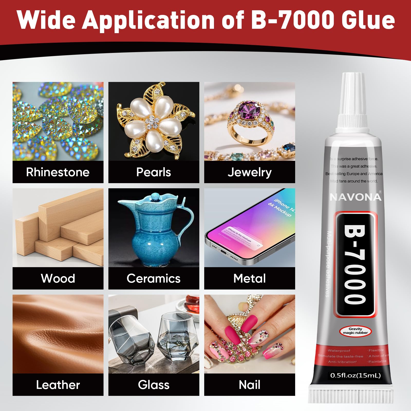 8 PCS 15ml B7000 Glue Clear with Precision Tip, Bedazzling Glue, Super Glues, Rhinestone Glue for Nail, Craft Glues, Jewelry Making, Nail Art, DIY, Makeup, Shoes Navona