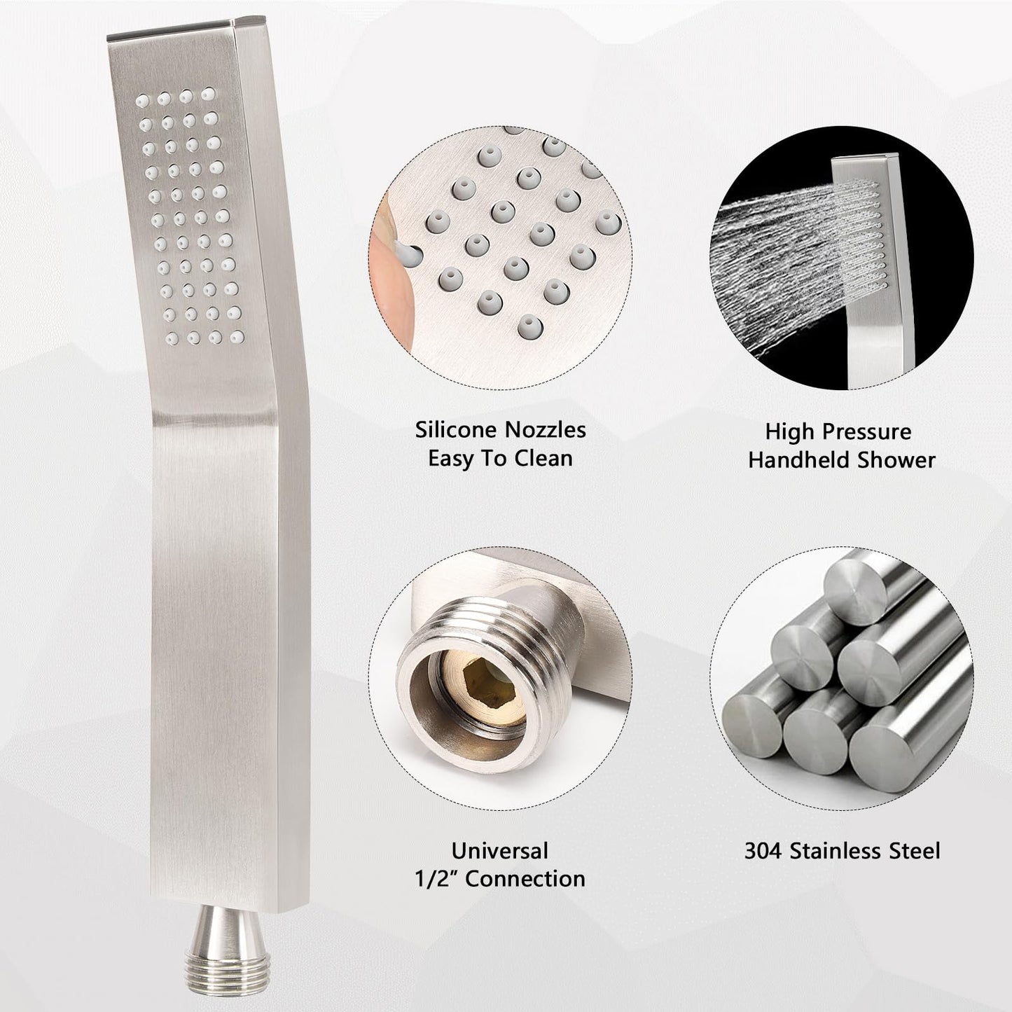 NearMoon Hand Held Shower Head, Luxury High Pressure Shower Kit with Wall Connector and Hose Set, for Bathroom Showering System Contemporary Square Style (Brushed Nickel) NearMoon