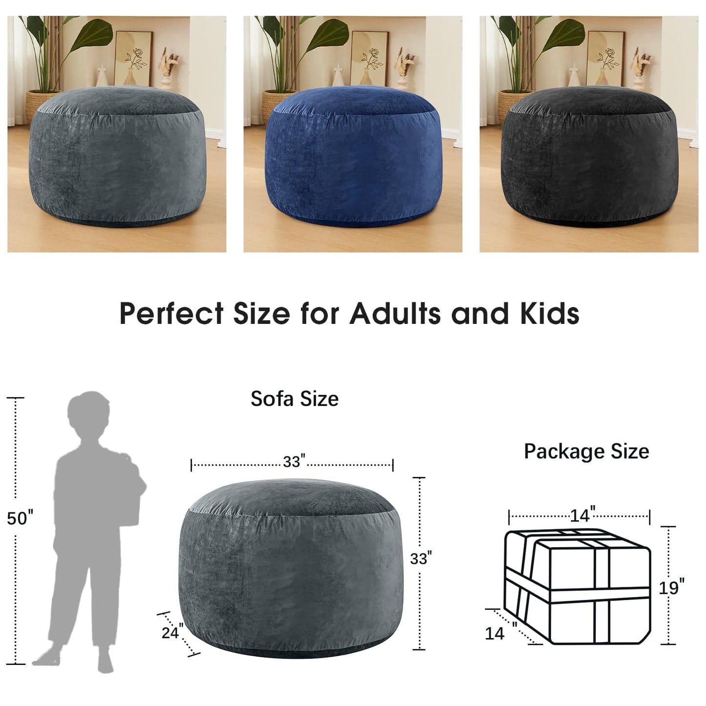 Bean Bag Chairs for Adults - 3' Memory Foam Furniture BeanBag Chair - Kids/Teens Sofa with Soft Micro Fiber Cover - Round Fluffy Couch for Living Room Bedroom College Dorm - 3 ft, Grey ebuys