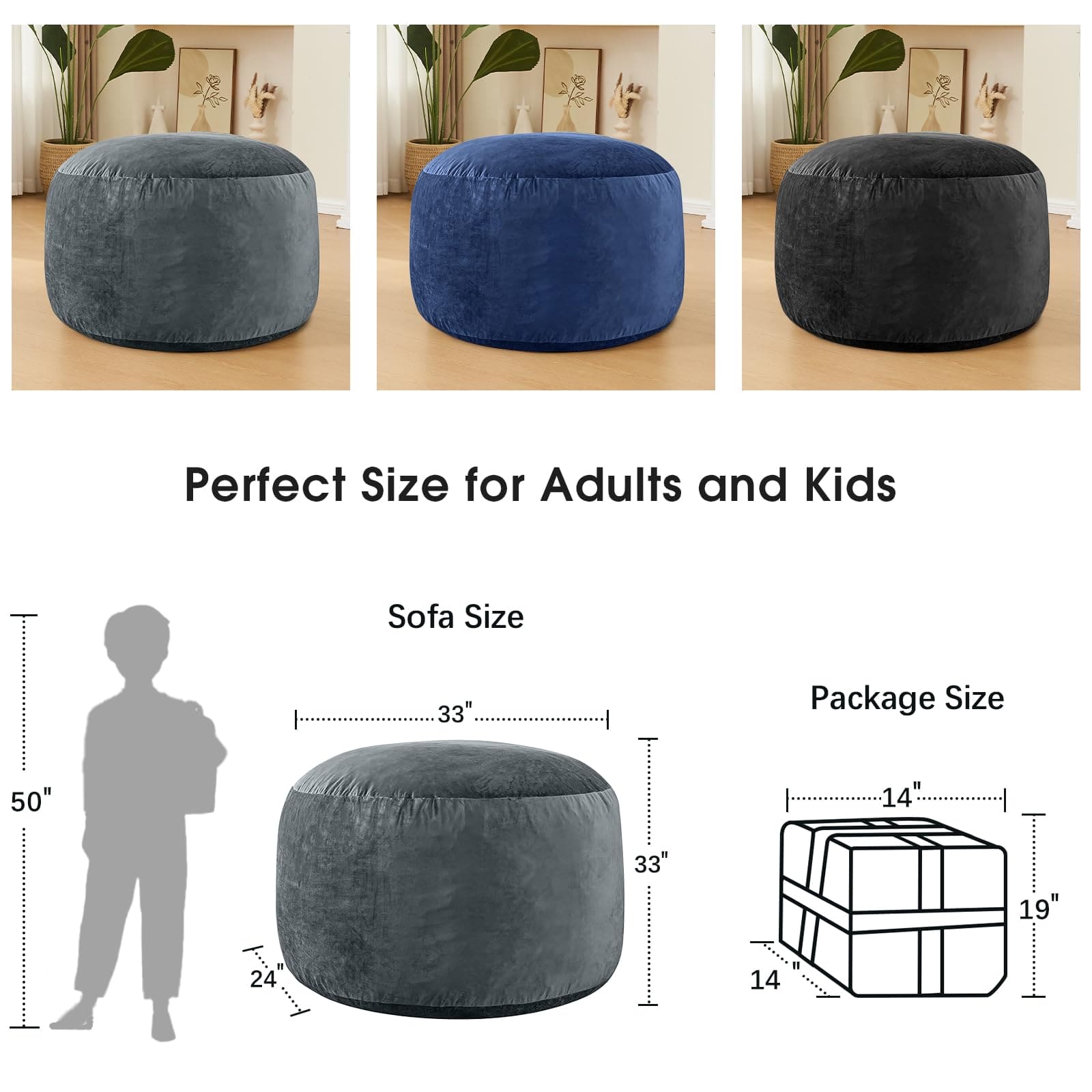 Bean Bag Chairs for Adults - 3' Memory Foam Furniture BeanBag Chair - Kids/Teens Sofa with Soft Micro Fiber Cover - Round Fluffy Couch for Living Room Bedroom College Dorm - 3 ft, Grey ebuys
