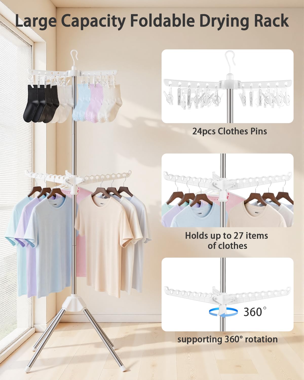 VewePata Foldable Clothes Drying Rack - 2 Tier Laundry Drying Rack, Portable Clothing Rack with Rotating Clothes Rail with 24 Clips and 3 Rotatable Arms, Suitable for Flats and Small Rooms VewePata