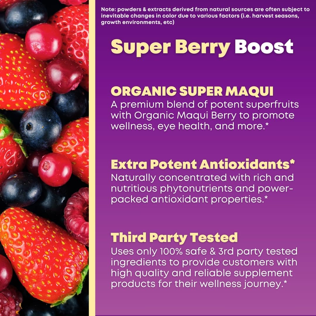 Organic Super Maqui Berry Capsules - Superfood Powder - Elderberry Extract, Cranberry, Pomegranate, Acai - Dry Eye & Tear Support, Gut Health, Skin - 60 Vegan Capsules, Non GMO, Gluten Free Supplement SOLNUVI