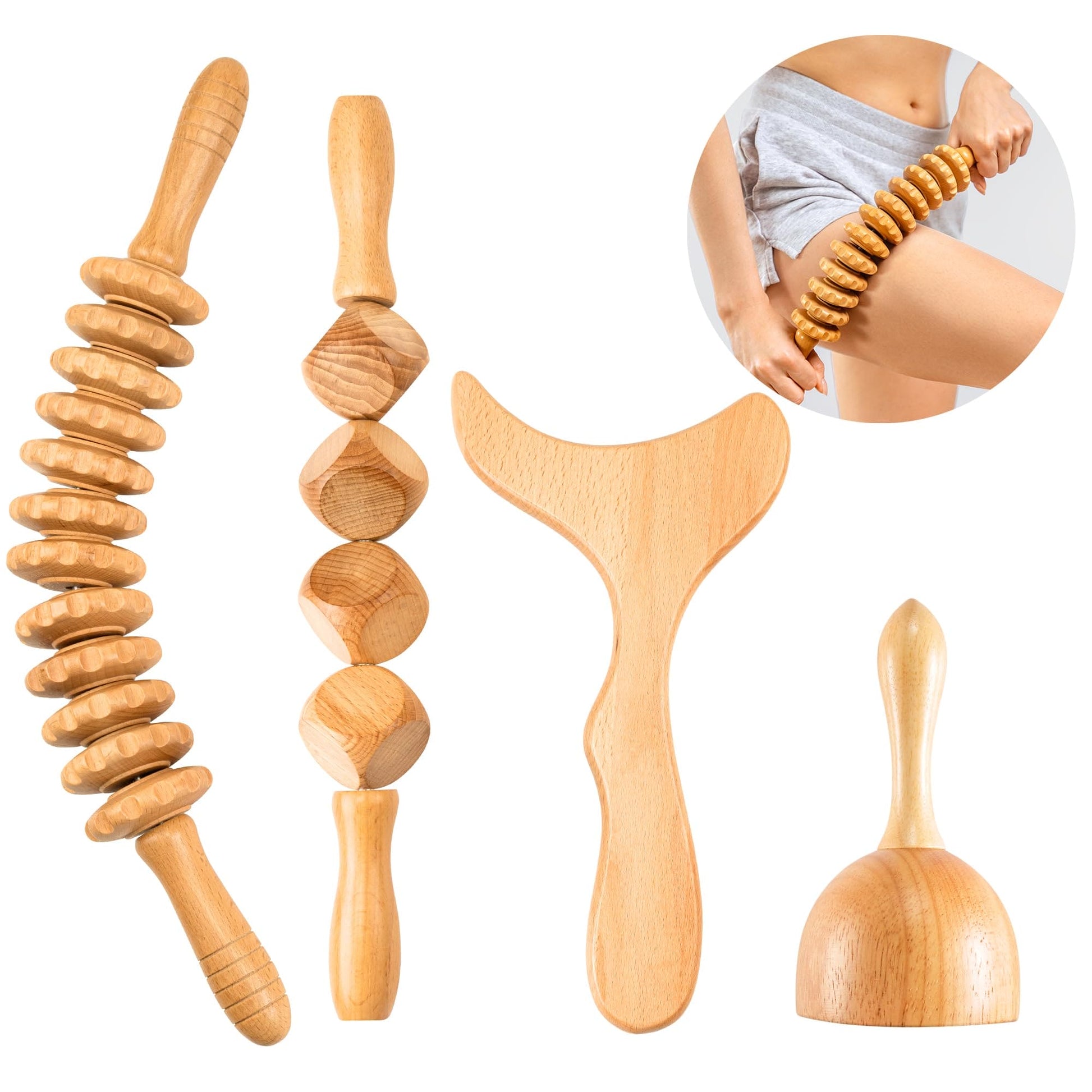 4 PCS Wood Therapy Massage Tools - Professional Maderoterapia Kit for Body Sculpting, Improving Circulation, and Muscle Relaxation YOOLZI