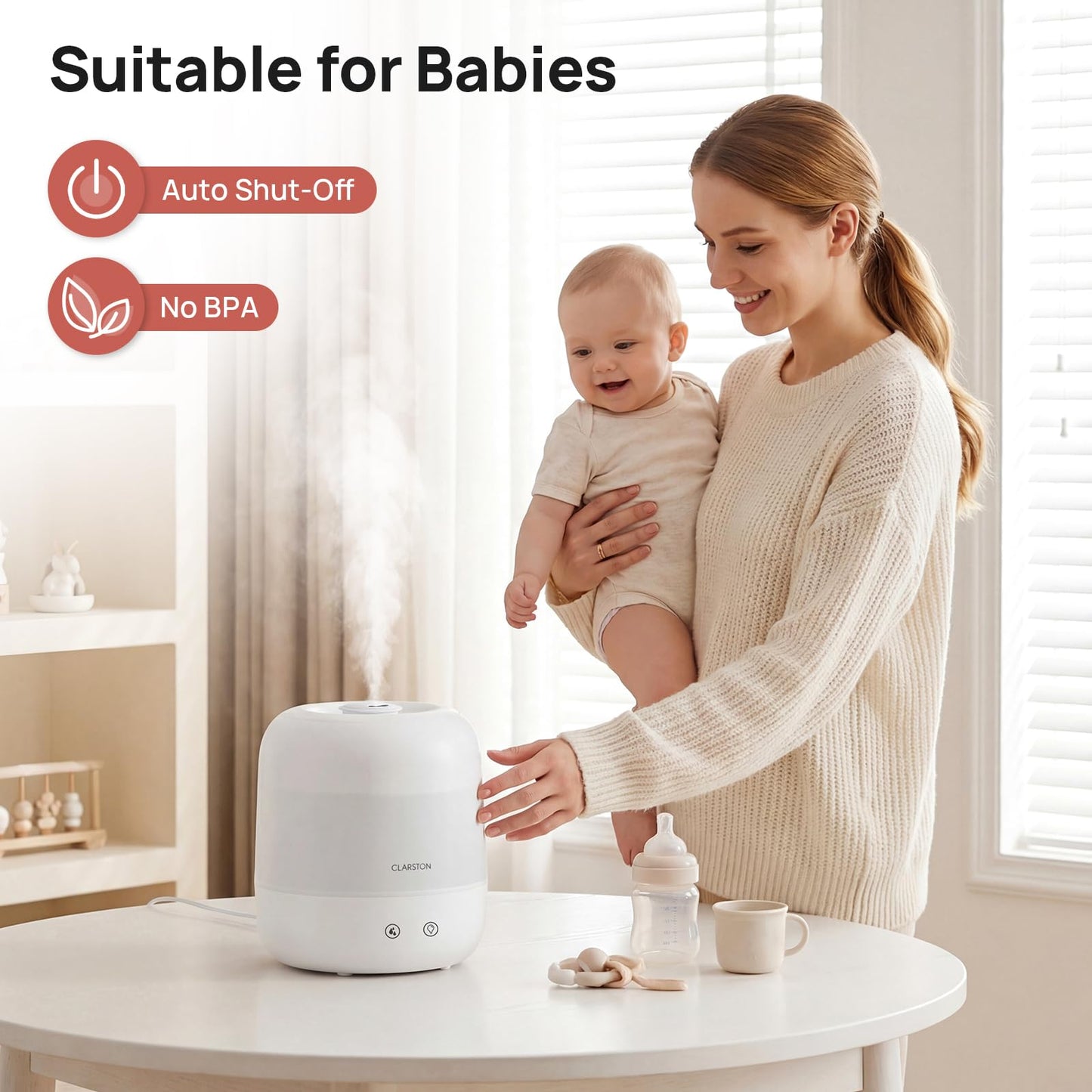 Clarston 2L Cool Mist Humidifier for Bedroom with 360° Adjustable Nozzle, High and Low Mist Levels, Ultra-Low Noise, Light-Off, No BPA, Auto Shut Off, Ideal Baby Humidifier with Easy Top Filling CLARSTON