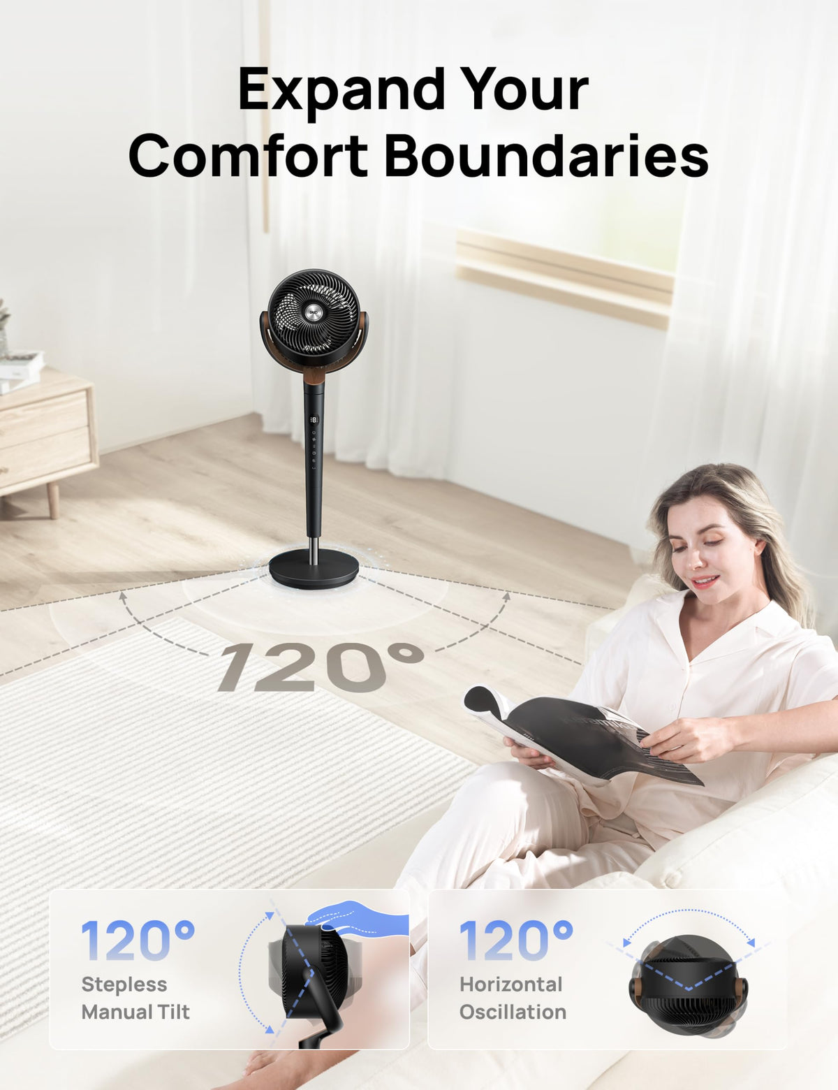 DREO Fan for Bedroom, 120° Oscillating Standing Fan, Quiet Floor Fan with DC Motor, Pedestal Fan for Room, 9 Speeds, 4 modes, 120° Manual Vertical, 37-42" Adjustable Height, 9H Timer, Dark Gray DREO