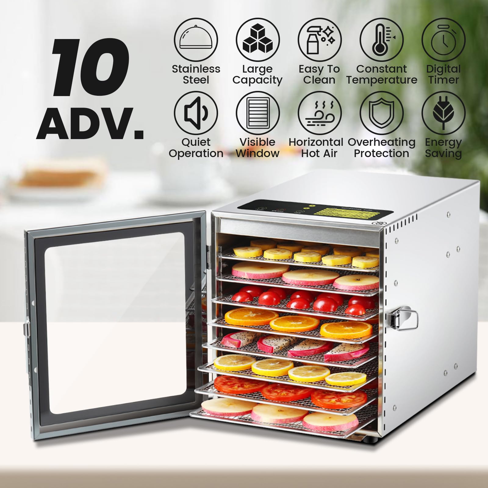 Cercker Food-Dehydrator Machine 8 Stainless Steel Trays, 500W Jerky Dehydrator for Meat, 190ºF Mushroom Dryer, 24H Timer Fruits Dryer for Herbs, Veggies, Yogurt & Dog Treats Cercker