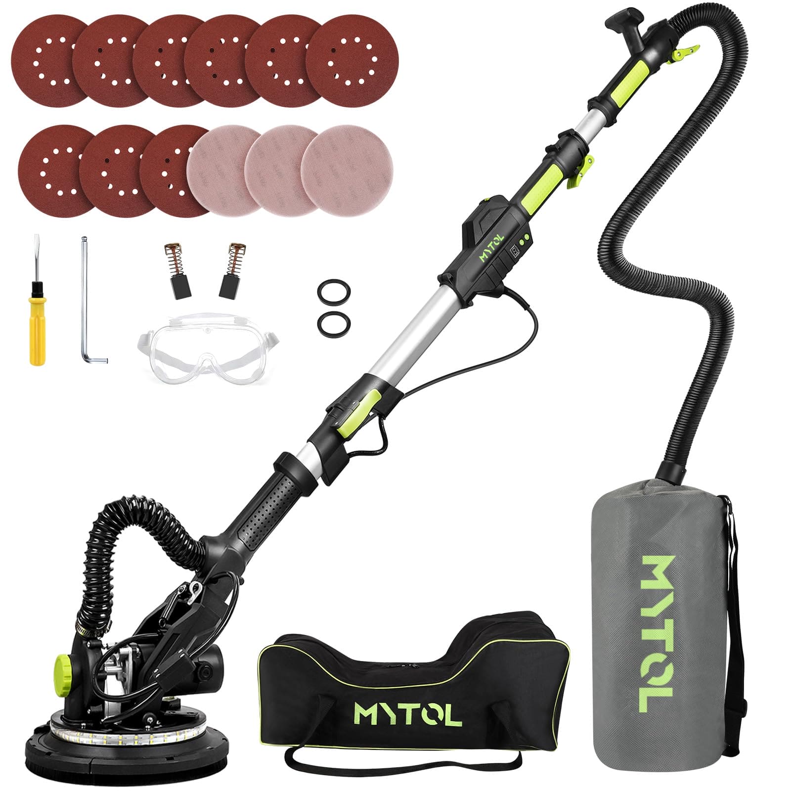 MYTOL Drywall Sander, 7.2A Electric Drywall Sander with Vacuum Dust Collection, 6 Variable Speed 900-1800RPM, LED Light, Foldable & Extendable Handle, 9 Pcs Sanding discs&3 Pcs Grid Sandpaper MYTOL