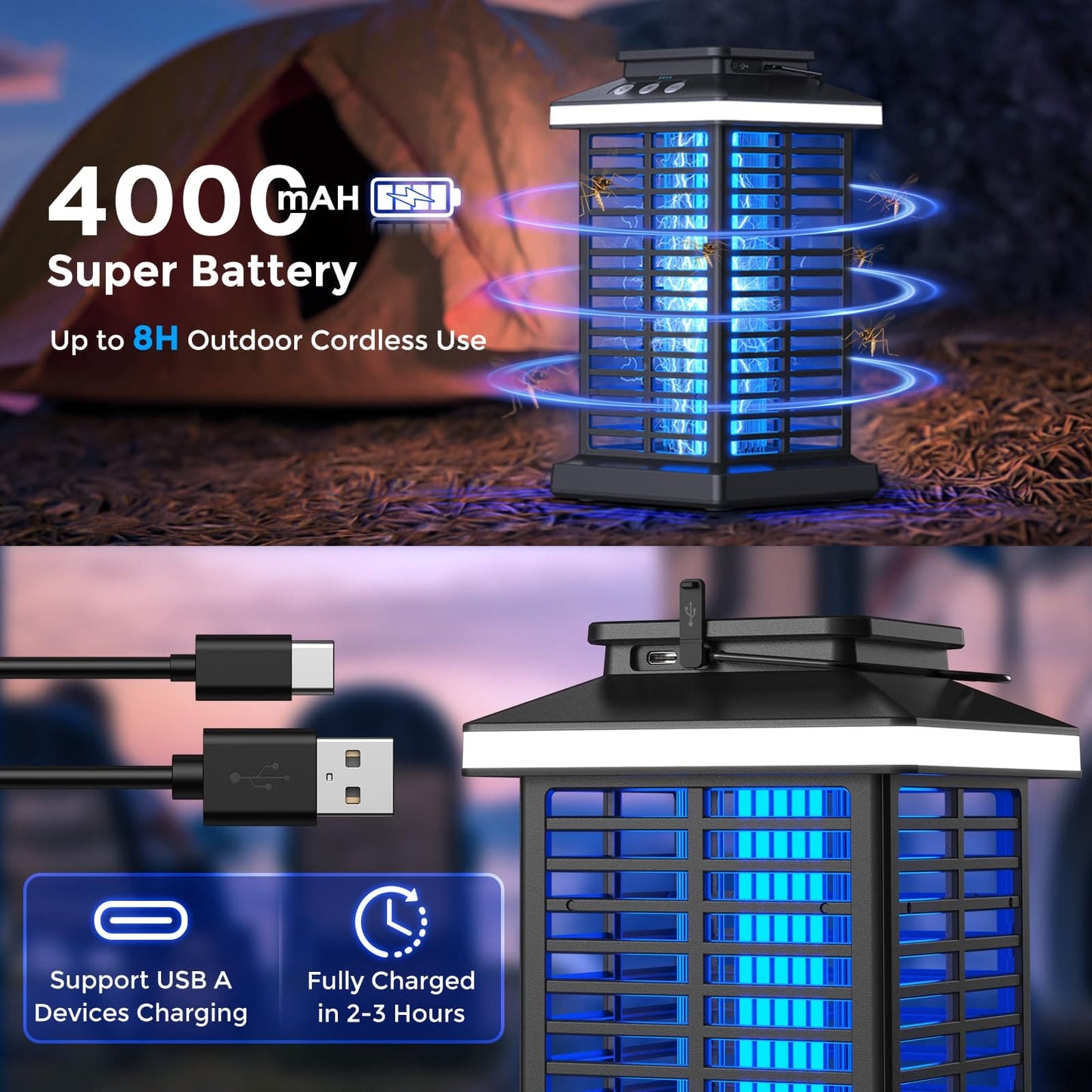 Bug Zapper Outdoor, Mosquito Zapper 2 in 1 Portable & Rechargeable Bug Zapper Outdoor with 4000mAh Battery & LED Night Light, 4000V Electric Fly Zapper for Outside,Patio,Backyard,Garden KOOSA