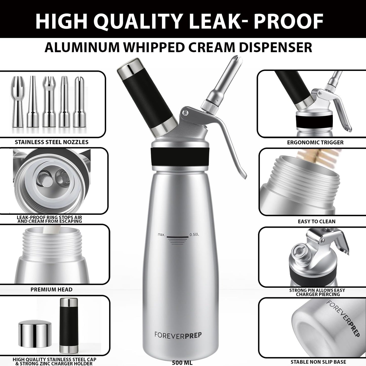 Professional 500 ml Aluminum Whipped Cream Dispenser With 8 Decorating Nozzles -Whipped Cream Canister With 2 Cleaning brushes-Heavy Duty Homemade Whipped Cream Maker 1 Pint (N20 Charger Not Included) FOREVERPREP