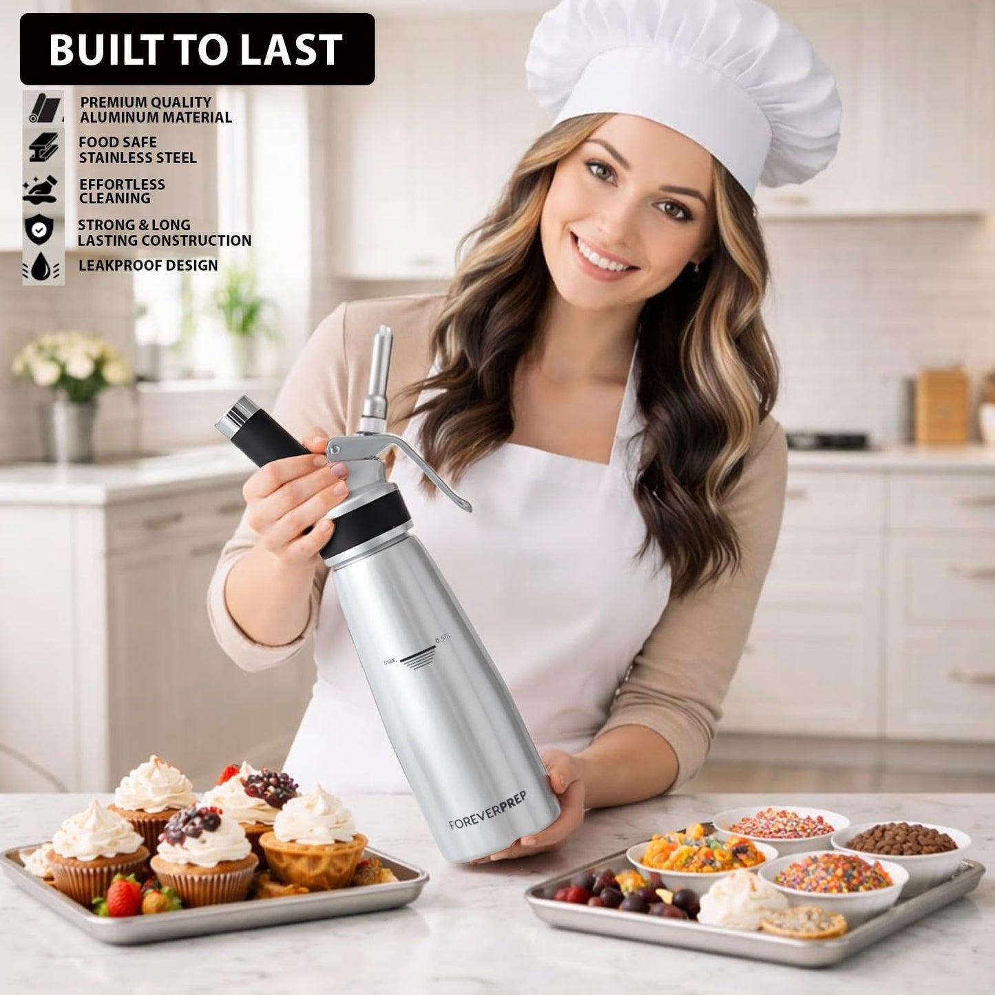 Professional 500 ml Aluminum Whipped Cream Dispenser With 8 Decorating Nozzles -Whipped Cream Canister With 2 Cleaning brushes-Heavy Duty Homemade Whipped Cream Maker 1 Pint (N20 Charger Not Included) FOREVERPREP