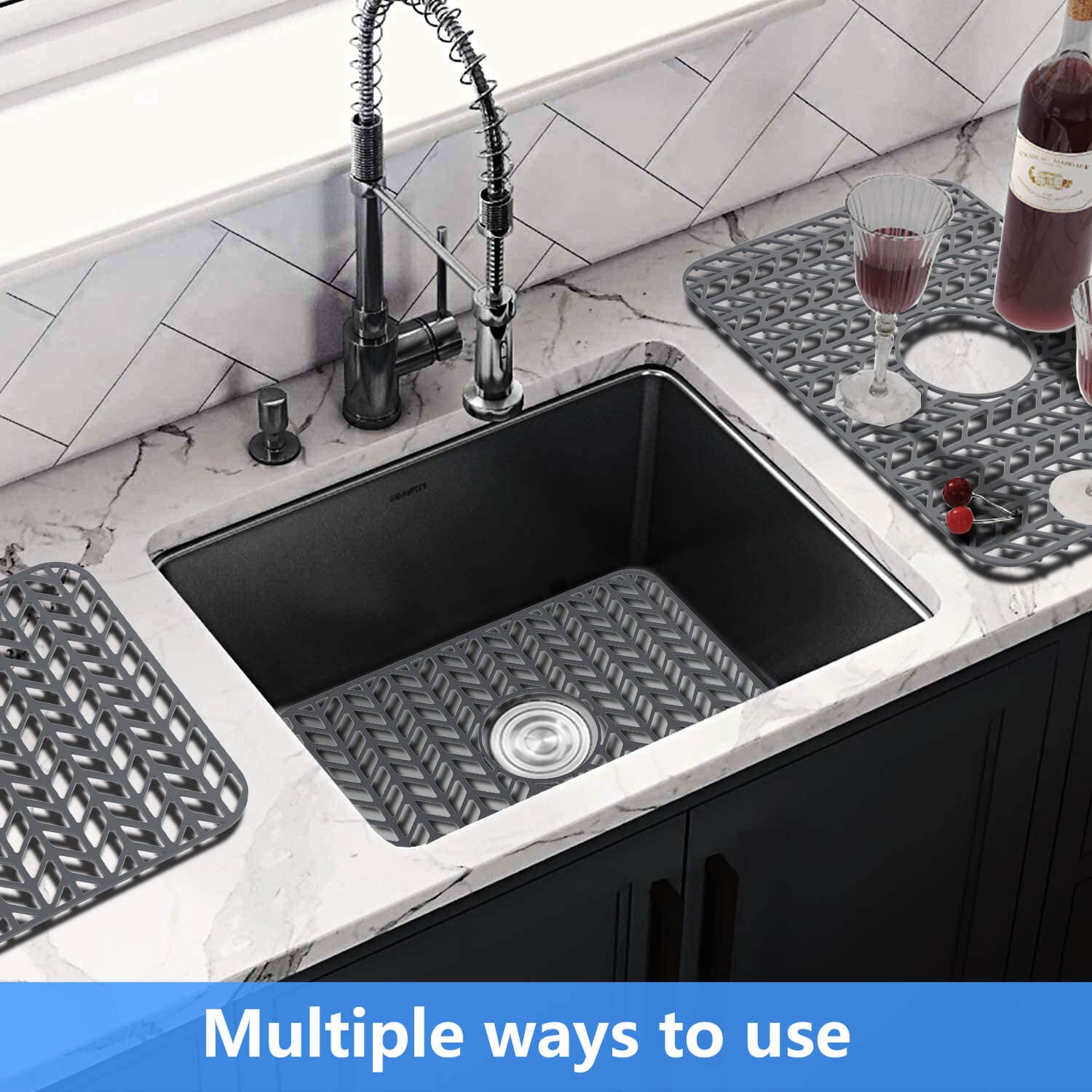 Silicone sink mat protectors for Kitchen12”13”16”18”19”24”26”28”29”.JIUBAR Kitchen Sink Protector Grid for Farmhouse Stainless Steel accessory with Center Drain.(18.2''x 12.5''Grey) JIUBAR