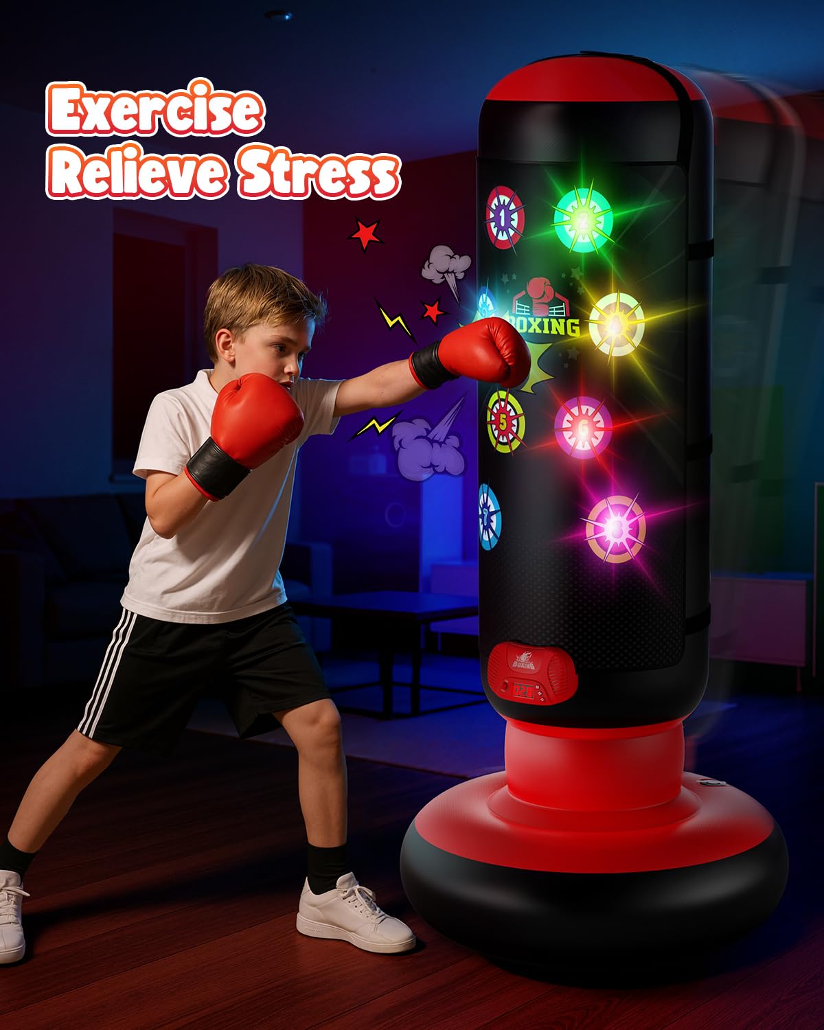 HopeRock Punching Bag for Kids, Boxing Set with Scoring, Light, Music, 4 Game Modes, Inflatable Boxing Bag with Gloves, Birthday Gifts Toys for 4-8-12 Years Old Boys (Patent Pending) HopeRock