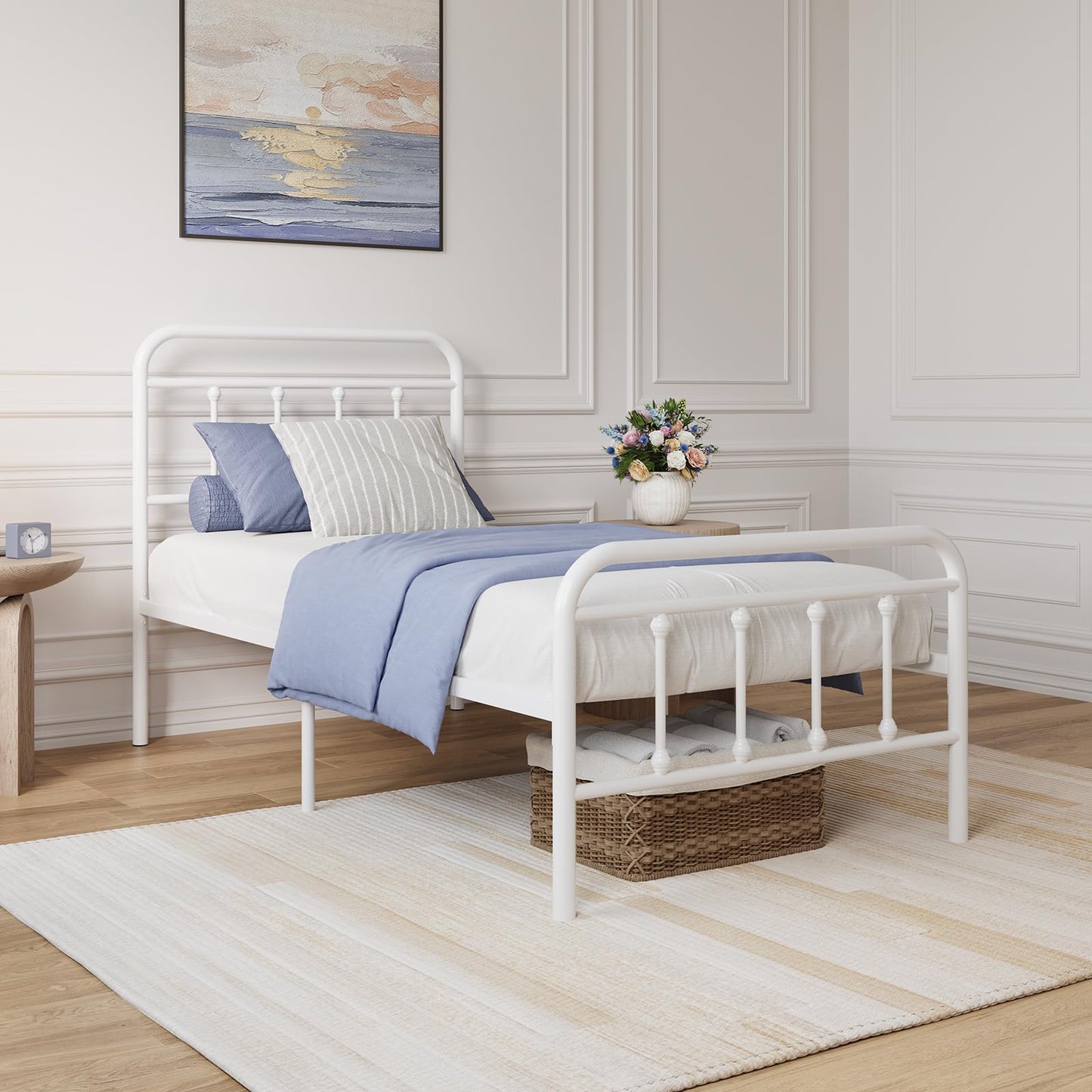 Avenco Twin Size Metal Bed Frame with Headboard, Victorian Style Platform Bed Frame with 12" Underbed Storage and Noise-Reduced Metal Slats, White