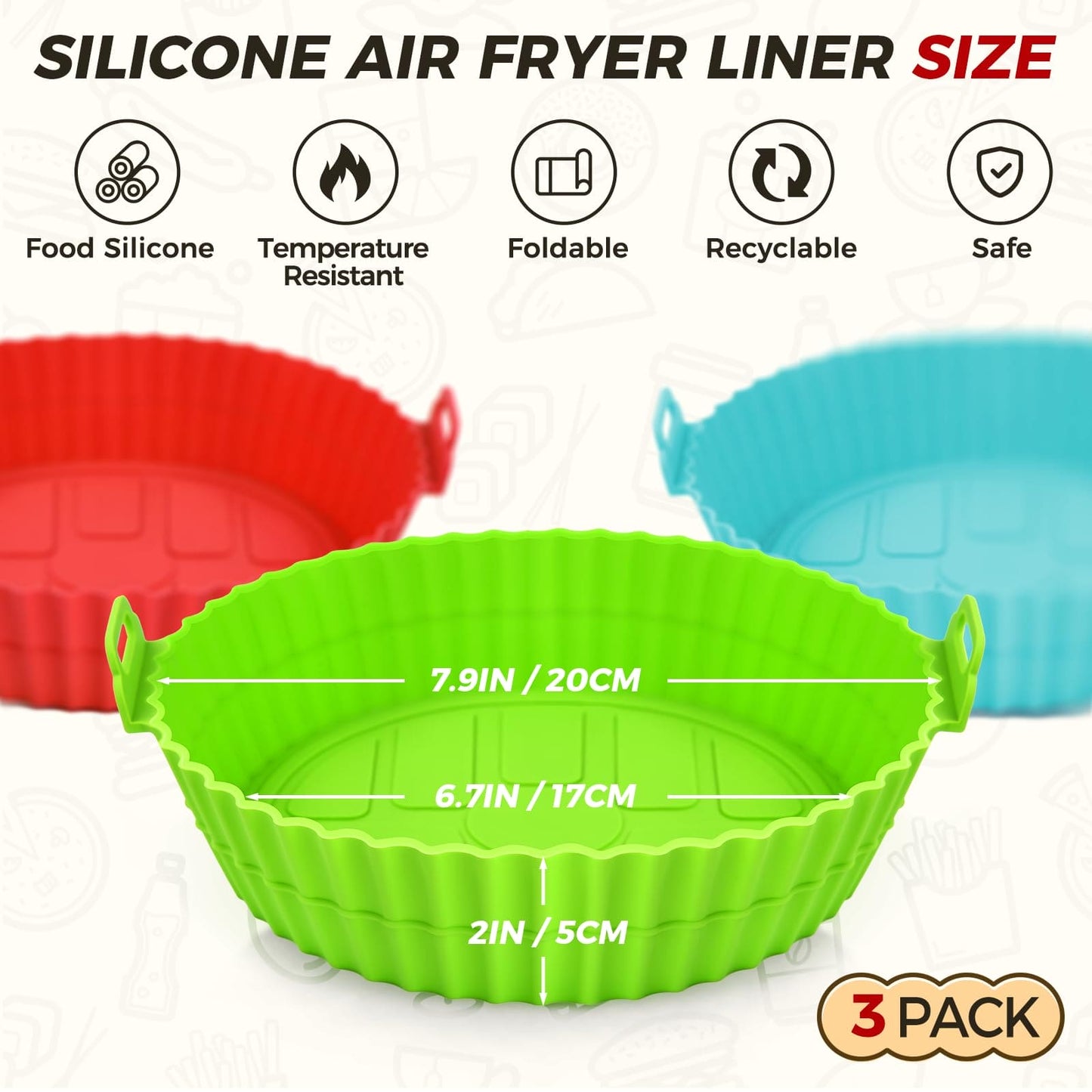 Buauty 3 Pack Air Fryer Silicone Liners 8inch Air Fryer Silicone Pot Reusable Food Grade Silicone Airfryer Liners Baking Tray Basket Accessories Replacement of Flammable Disposable Parchment Paper ebuys