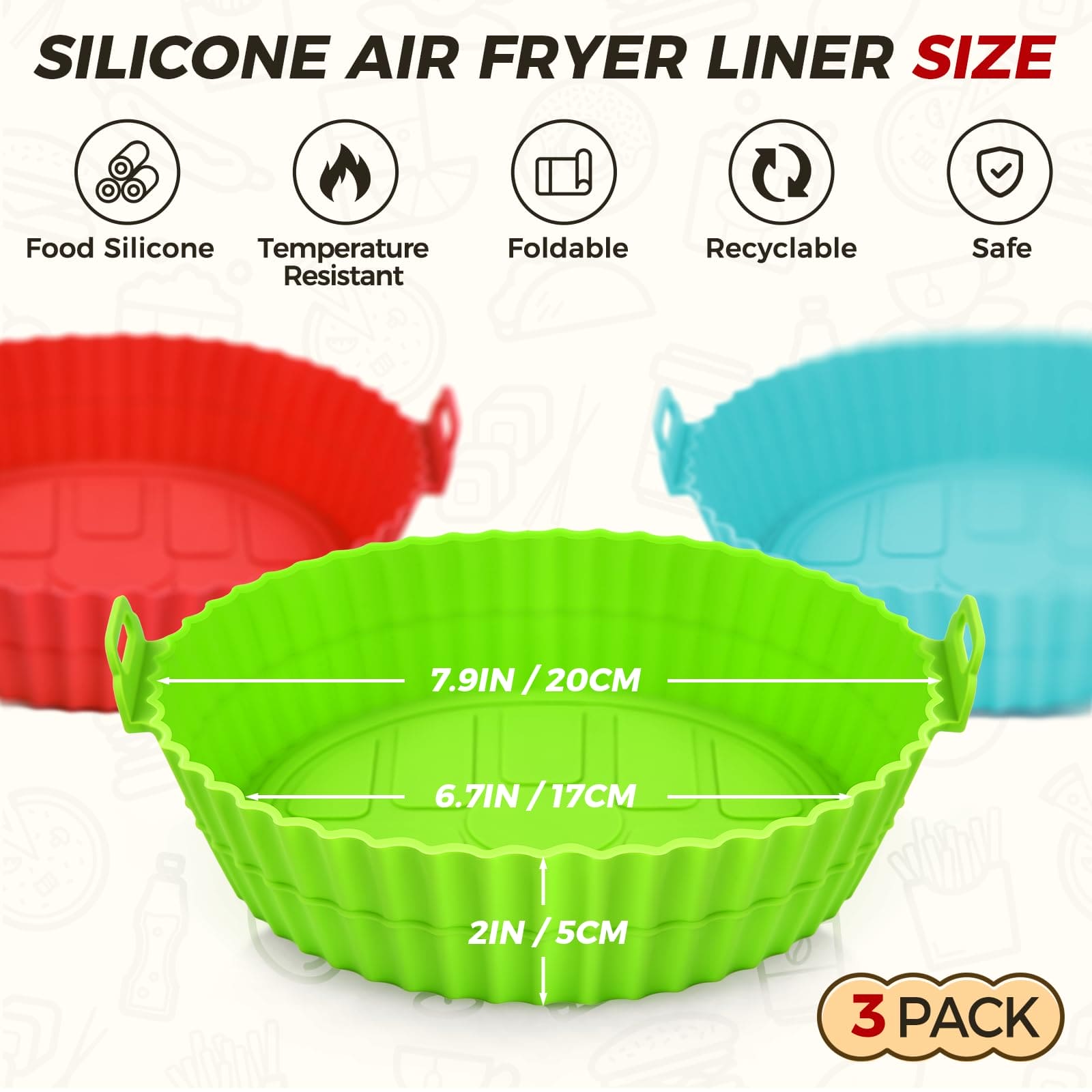 Buauty 3 Pack Air Fryer Silicone Liners 8inch Air Fryer Silicone Pot Reusable Food Grade Silicone Airfryer Liners Baking Tray Basket Accessories Replacement of Flammable Disposable Parchment Paper ebuys