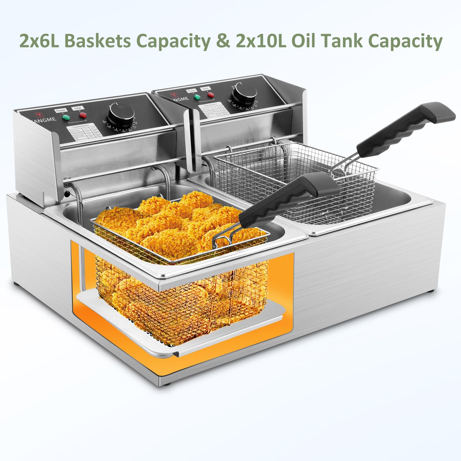 Commercial Deep Fryer, 3400W Electric Deep Fryers with 2x6.35QT Baskets Thickened Stainless Steel Countertop Oil Fryer 20.7QT Large Capacity with Lids Temperature Controller (12L) TANGME