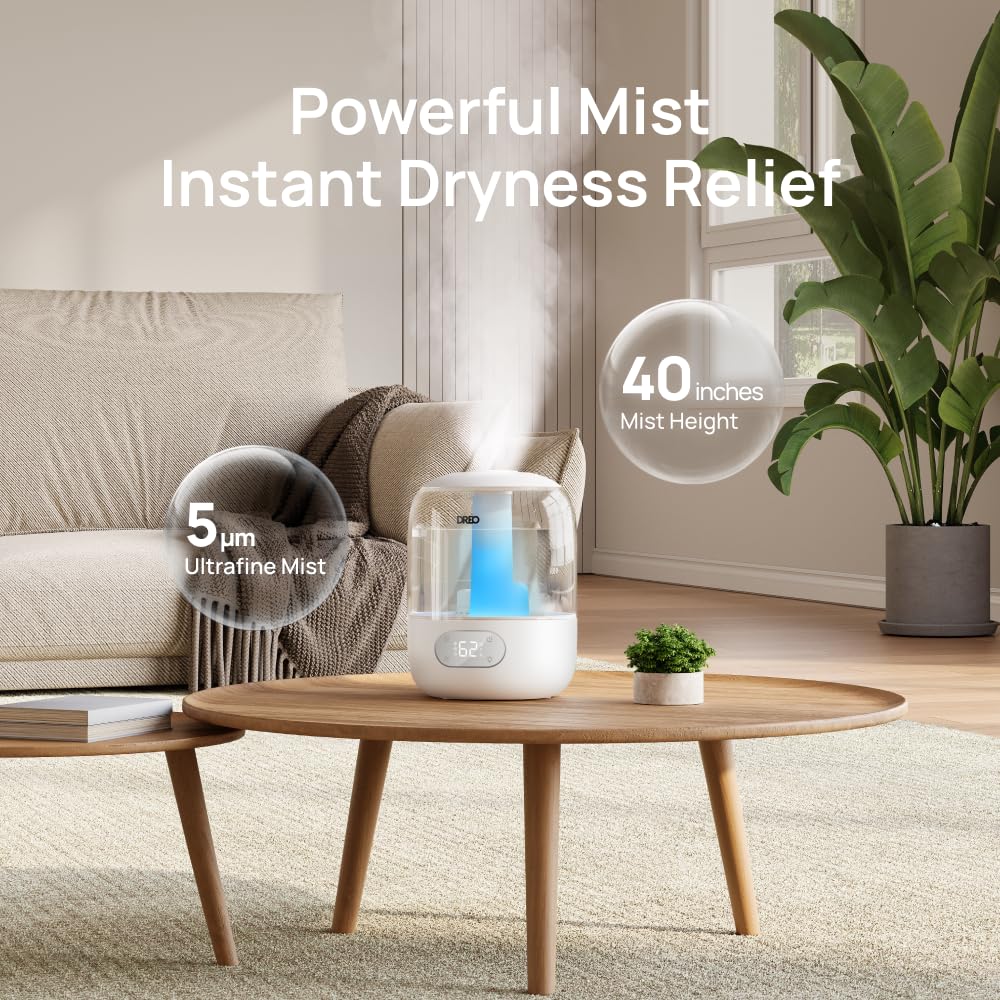 DREO Humidifiers for Bedroom, 3L Top Fill 30H & 26dB Quiet Runtime for Large Room, Cool Mist Ultrasonic Humidifier with Humidity Sensor, Night Light for Home, Baby, Nursery, Plants, New Edition DREO