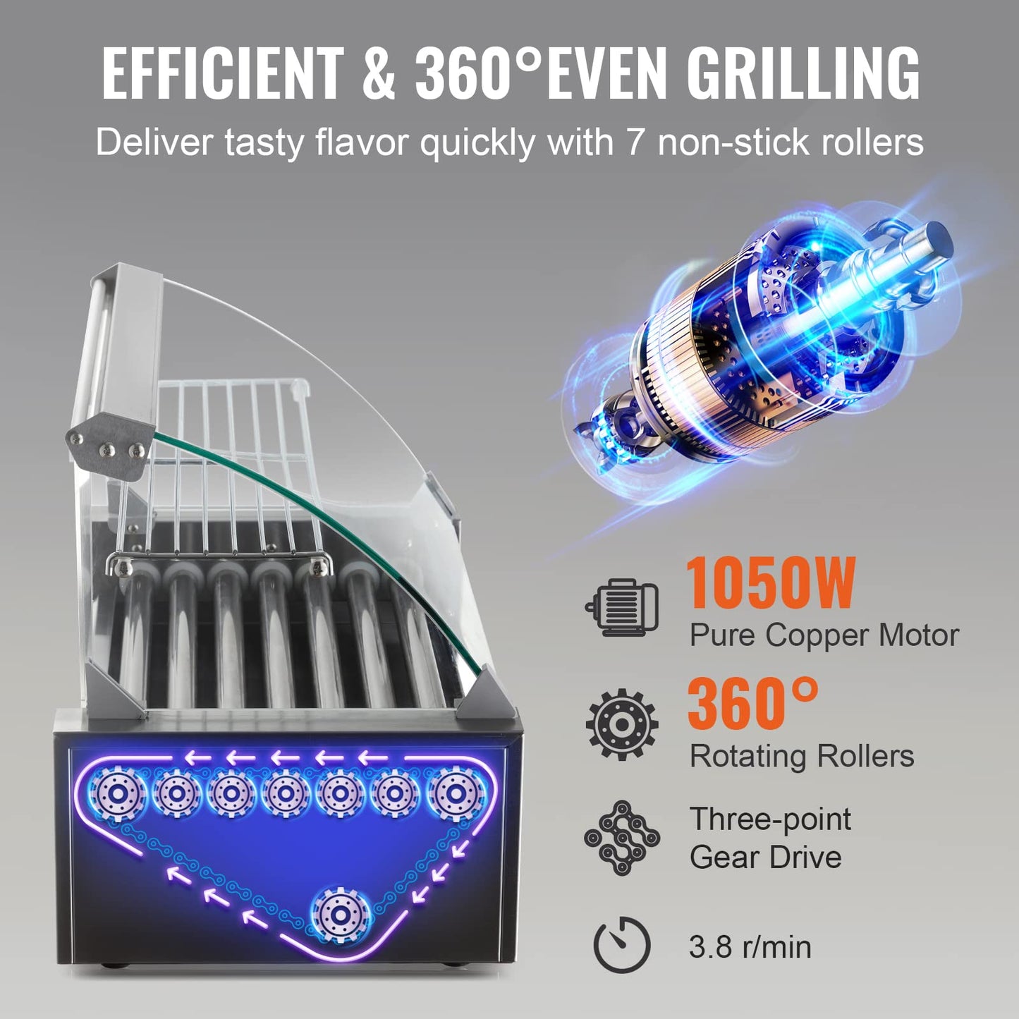 VEVOR Hot Dog Roller 7 Rollers 18 Hot Dogs Capacity 1050W Stainless Sausage Grill Cooker Machine with Dual Temp Control Glass Hood Acrylic Cover Bun Warmer Shelf Removable Oil Drip Tray, ETL Certified VEVOR
