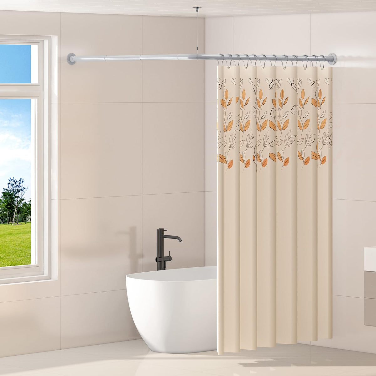 Yampos L Shaped Corner Shower Curtain Rod, 24" - 53" x 24" - 53" Adjustable 90 Degree Curved Bathroom Rod Square Rail No Sag with 12 Hooks & Ceiling Support - Silver Gray Yampos