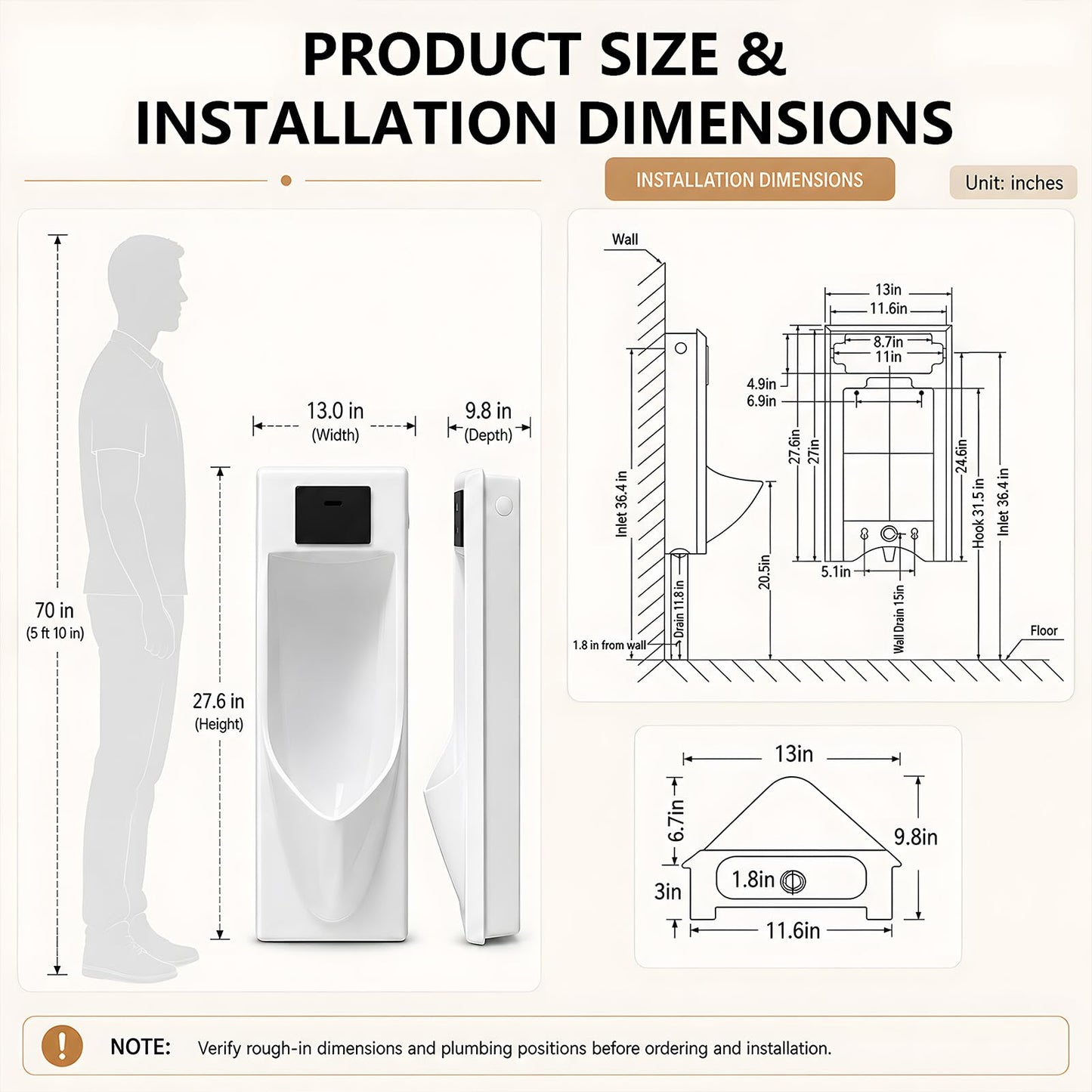 Heliosrider Automatic Sensor Urinal for Men, Wall-Mounted, White Heliosrider