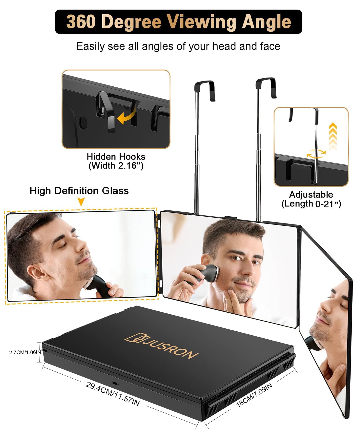 JUSRON 360 Viewing Angle Self Hair Cutting Mirror, Clear Anti-Fog HD Glass Ebuystt