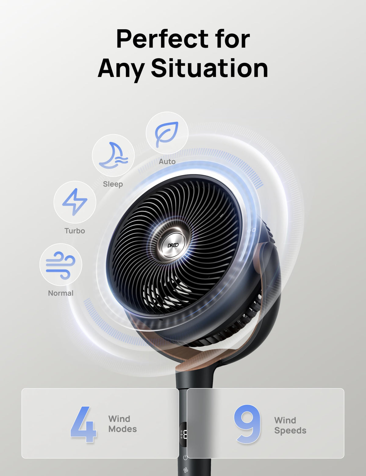 DREO Fan for Bedroom, 120° Oscillating Standing Fan, Quiet Floor Fan with DC Motor, Pedestal Fan for Room, 9 Speeds, 4 modes, 120° Manual Vertical, 37-42" Adjustable Height, 9H Timer, Dark Gray DREO
